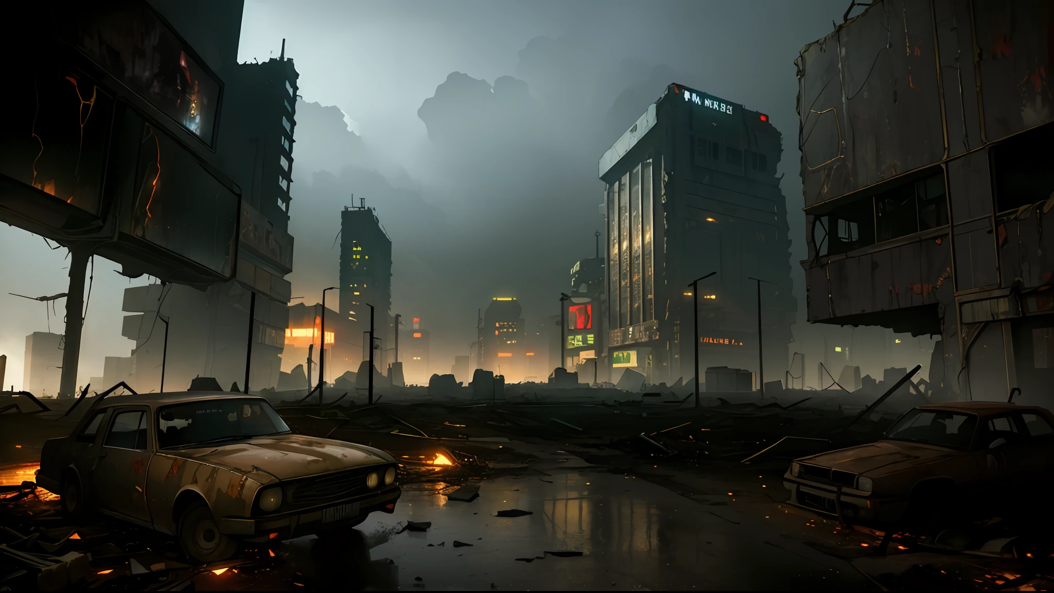(masterpiece), (best quality), (detailed), landscape resembling a fallout, post-apocalyptic environment, dark and atmospheric, cyberpunk and post-apocalyptic elements, desolate cityscape, crumbling buildings, abandoned vehicles, fog and darkness engulfing the scene, high-resolution 8k image, capturing the eerie and mysterious essence of a world transformed by catastrophe