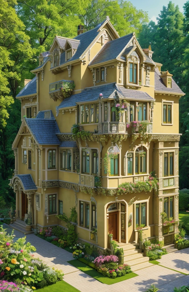 An isometric Architectural Digest architecture photo of a maximalist green {vaporwave/steampunk/solarpunk} ((outside of a classic house )) with flowers and plants, golden light, hyperrealistic surrealism, award-winning masterpiece with incredible detail, breathtaking epic