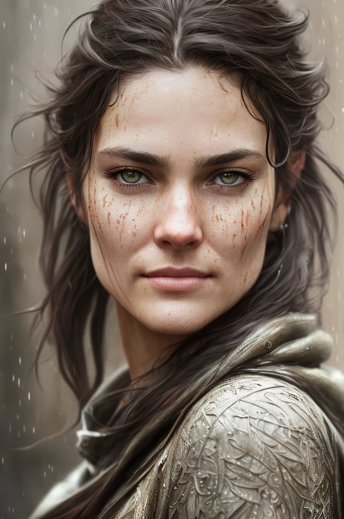 rogue thief girl, intelligent, big grey eyes, ((smirk)), messy hair, raining, wet, (insanely detailed:1.5), ((analog)), (highest quality, Greg Rutkowski, concept art, 4k), ((perfect body)), realistic, real shadow, (high sharpness), ((detailed pupils)), detailed face and eyes, Masterpiece, best quality, highly detailed photo:1, 8k, (beautiful detailed face), photorealistic