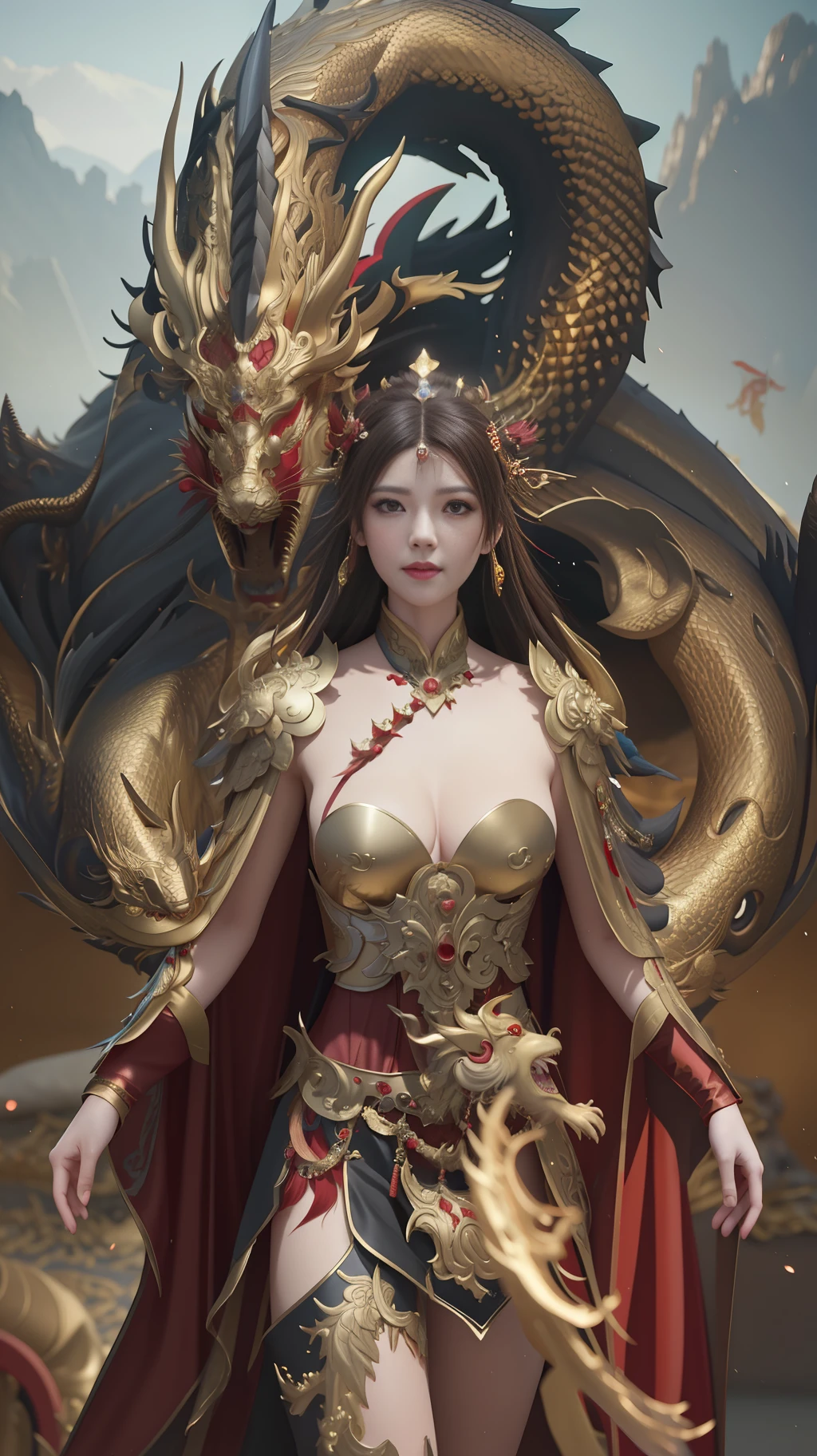 A woman in a red gold dress and red cape holds a dragon, ruan jia and artgerm, chinese fantasy, cgsociety and fenghua zhong, wojtek fus, Yang J, artgerm and ruan jia, queen of dragons, ross tran and wlop, digital fantasy art ), cgstation Hot Search, Xianxia Fantasy