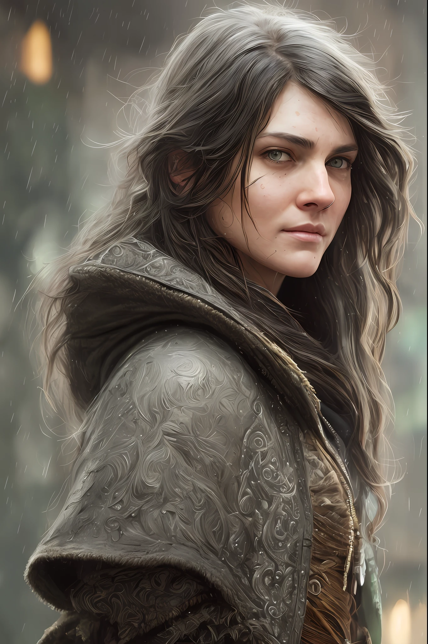 rogue thief girl, intelligent, big grey eyes, ((smirk)), messy hair, raining, wet, (insanely detailed:1.5), ((analog)), (highest quality, Greg Rutkowski, concept art, 4k), ((perfect body)), realistic, real shadow, (high sharpness), ((detailed pupils)), detailed face and eyes, Masterpiece, best quality, highly detailed photo:1, 8k, (beautiful detailed face), photorealistic