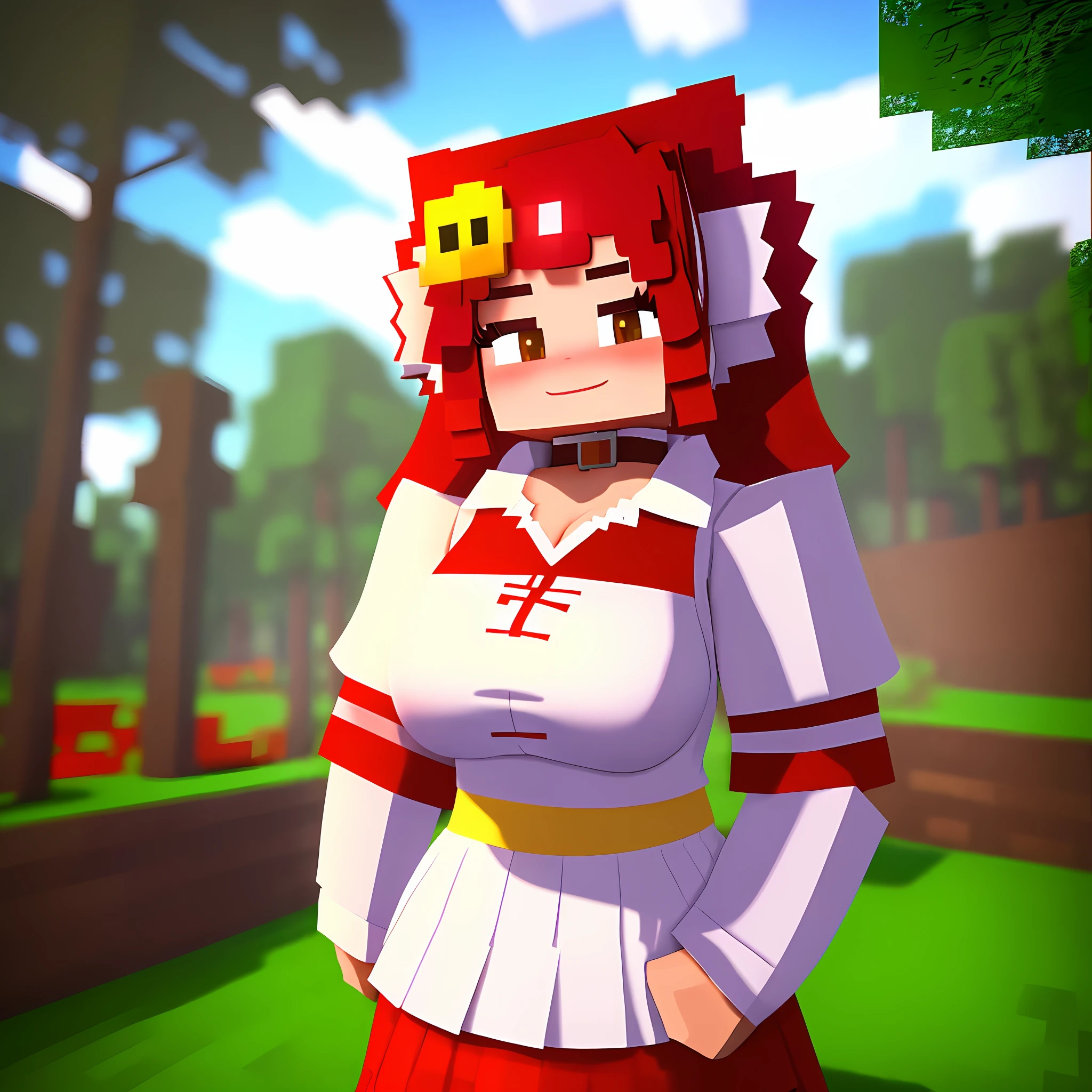 masterpiece, best quality, 1girl, mcnsfw, hakurei reimu, collared shirt, frilled shirt collar, yellow ascot, detached sleeves, white sleeves, wide sleeves, red skirt, frilled skirt, red dress, sleeveless dress, outdoors, standing, light smile, looking at viewer, cowboy shot