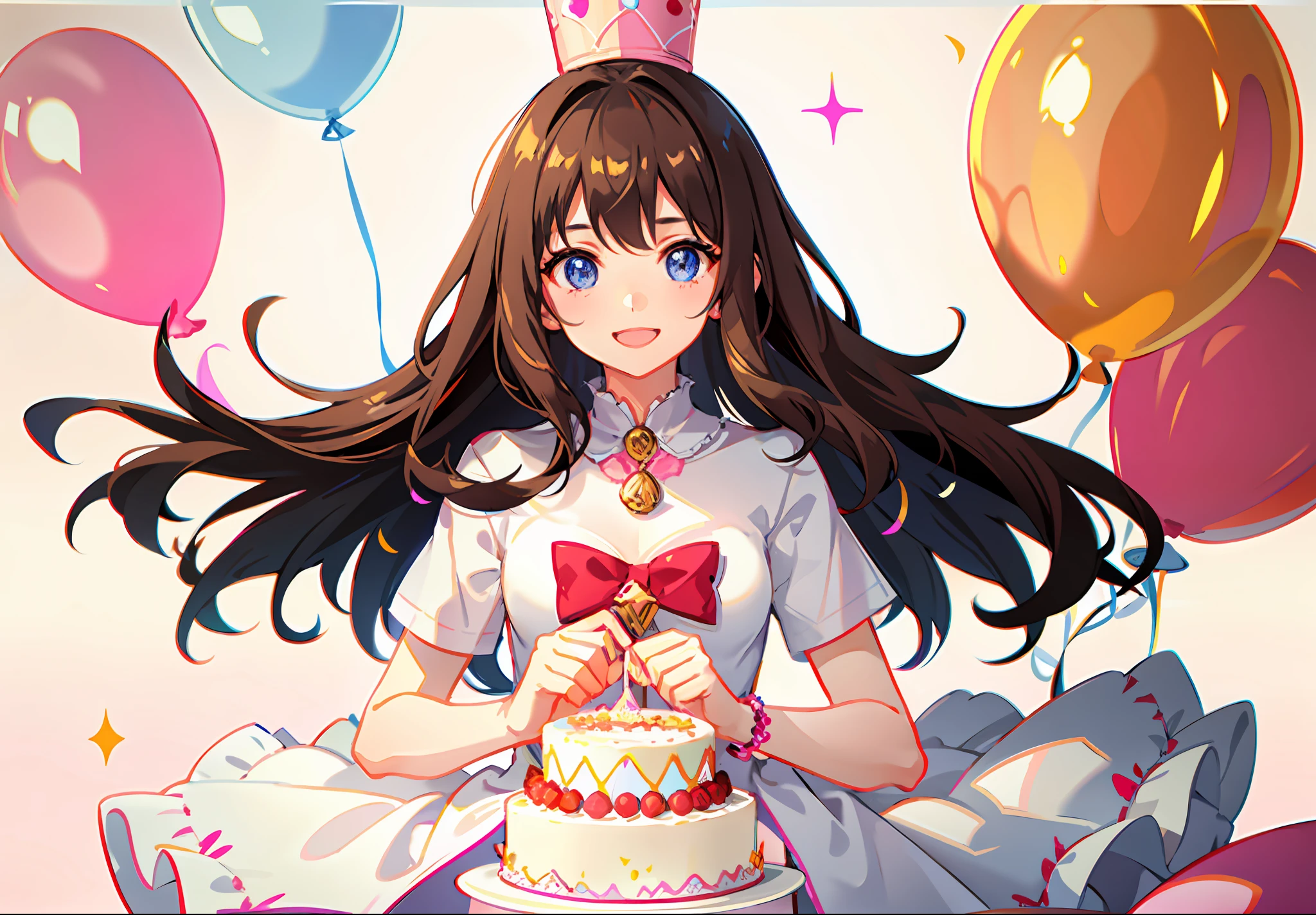 1girl, medium length brown hair, smiling expression, wearing a pink birthday cone hat, blue eyes, pale skin,  surrounded by colorful balloons and presents, against a white background, holding a birthday cake with lit candles.  glitter and streamers in the background, text saying “happy birthday!” in a script font, youthful and cheerful style