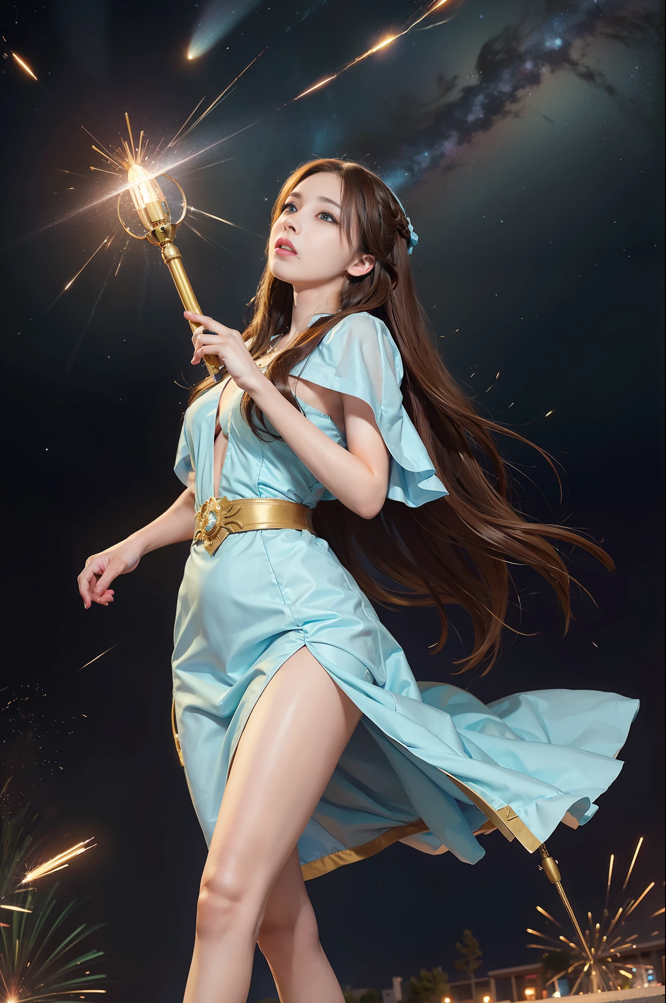 1girl, solo, light blue eyes, brown hair, holding a golden scepter, (HP: 1), running under the starry sky, full body, (official set: 1.5), dullyarts, dust background details, eye details, ore disease lesions \(Tomorrow's Ark\), (realism: 1.4), official art, unreal 8k wallpaper, super detailed, beautiful and aesthetic, masterpiece, best quality, (dynamic angle: 1.4), (floating colorful sparks: 1.2), elegant , bright colors, romanticism,