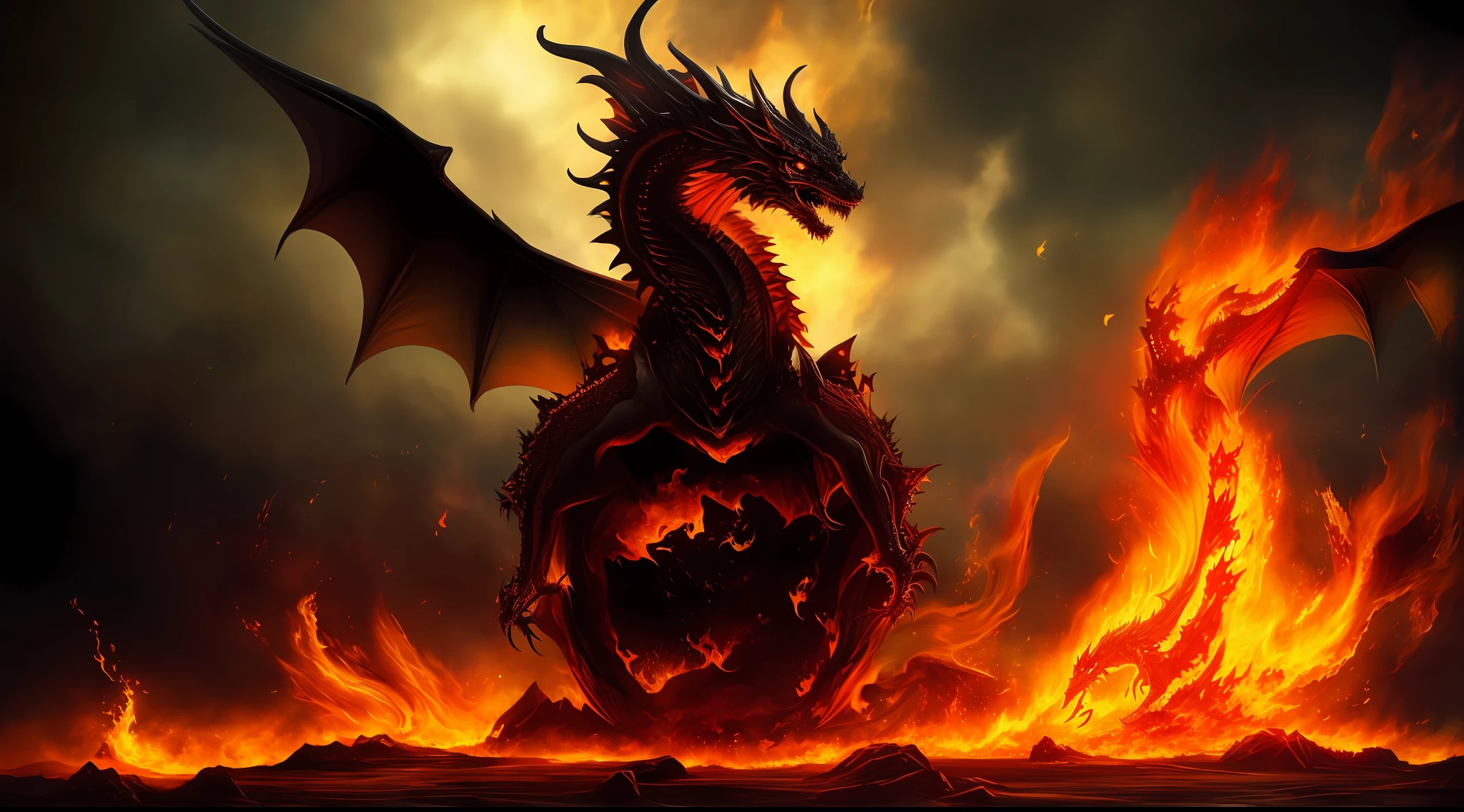 flames and a dragon on a fireball in the middle of a field, the devil in hell as a dragon, fire flaming dragon serpent, ''dragon breathing fire, dragon breathing fire, fire dragon, epic dragon, dragon made out of molten lava, dragon blowing fire above, drogon, fire breathing dragon, firebreathing dragon, a majestic gothic dragon, fire flaming serpent