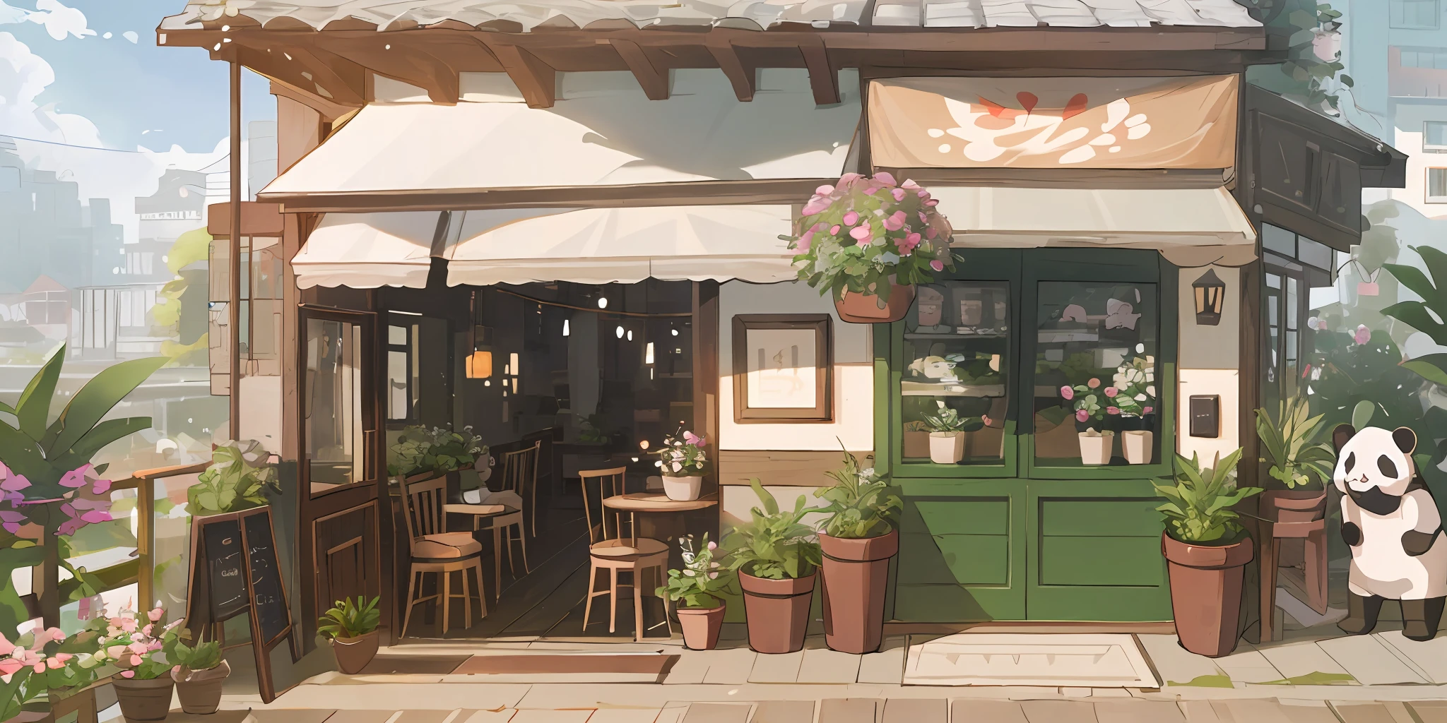 panda ,flower, no_humans, window, chair, table, plant, scenery, door, potted_plant, stool, vase, flower_pot, cafe, cutebuild style