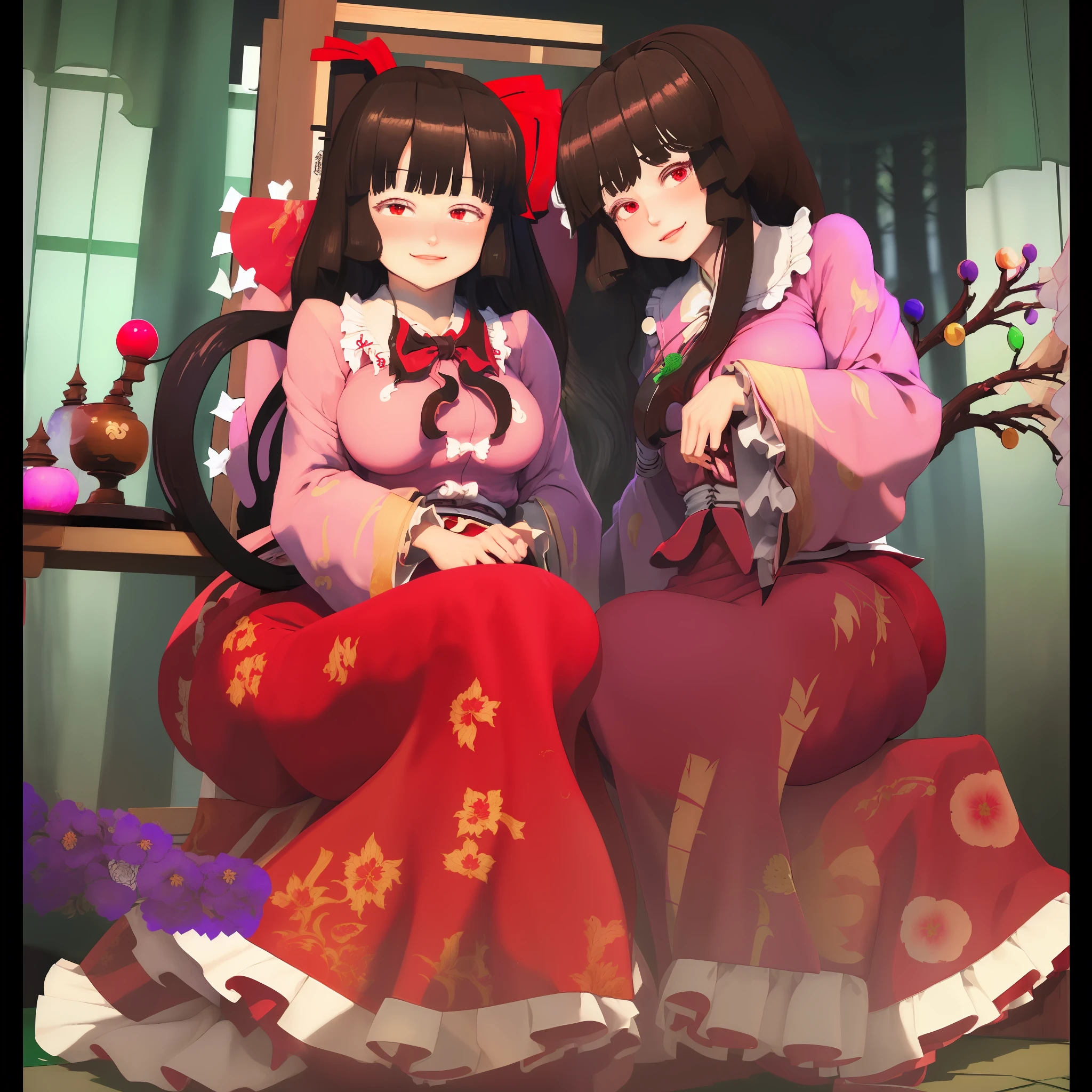 masterpiece, best quality, (((Touhou_Kaguya_Horaisan))), (thicc), (sitting), (red skirt), (pink dress), (pink sleeves)