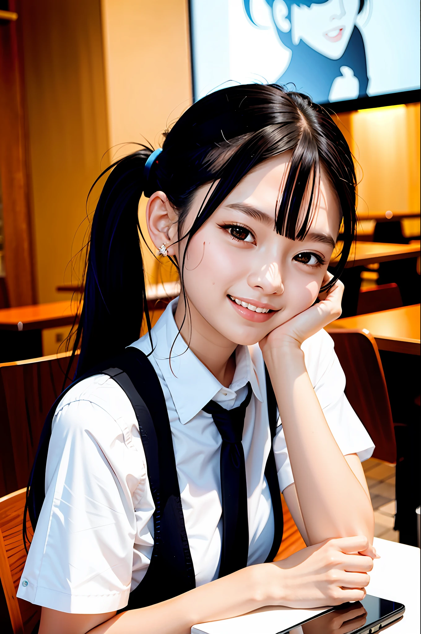 Girl, black hair, older sister, tie her hair in a ponytail and laugh at the speaker, high-quality picture, masterpiece, beautiful girl, cafe,