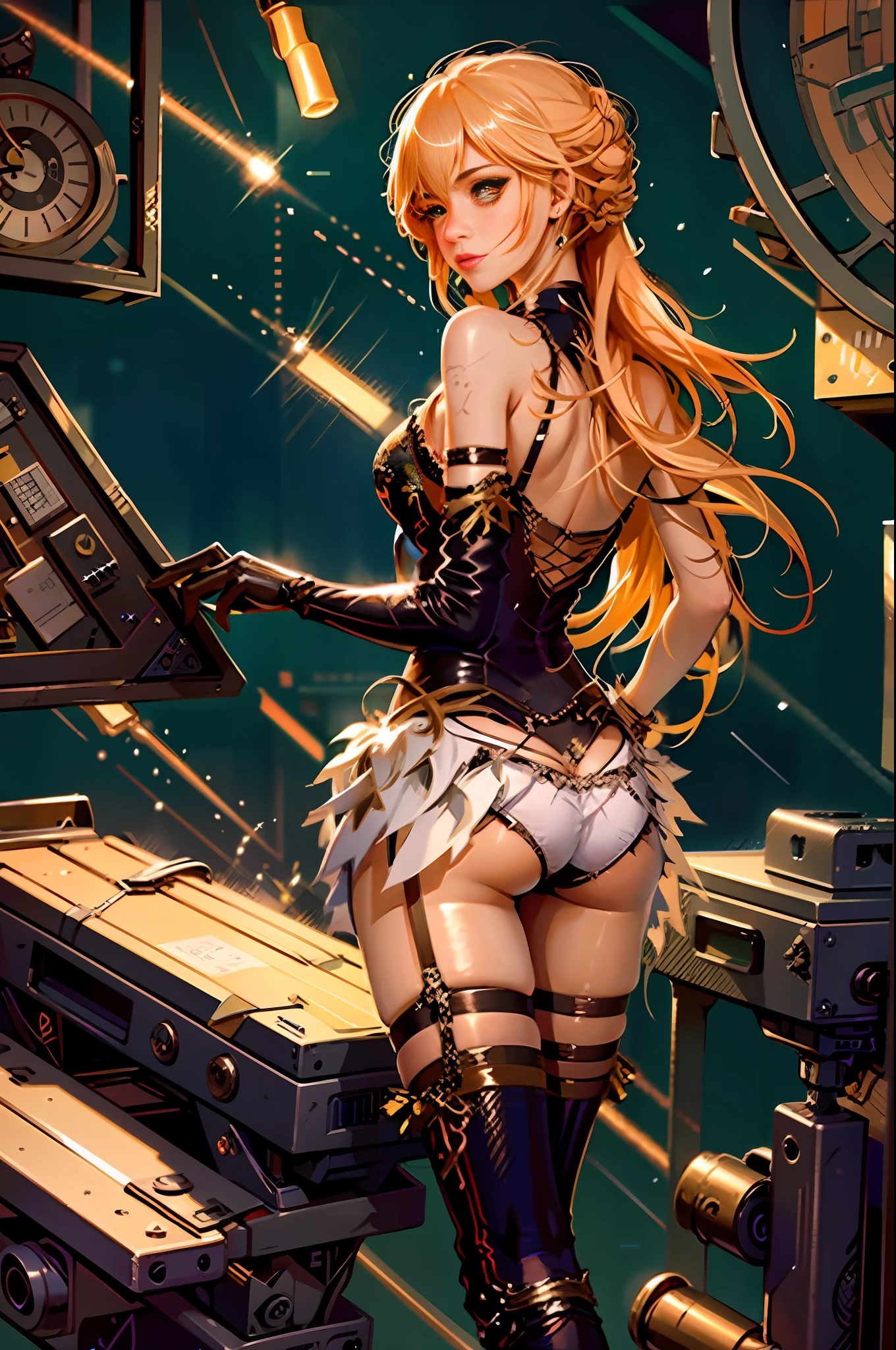 Photo quality, 8K CG, high quality, ultra high resolution Contraposto photorealistic image with one girl visible from behind. Very pretty face, light smile, very finely embroidered underwear, precise fingers, precise arms, long hair