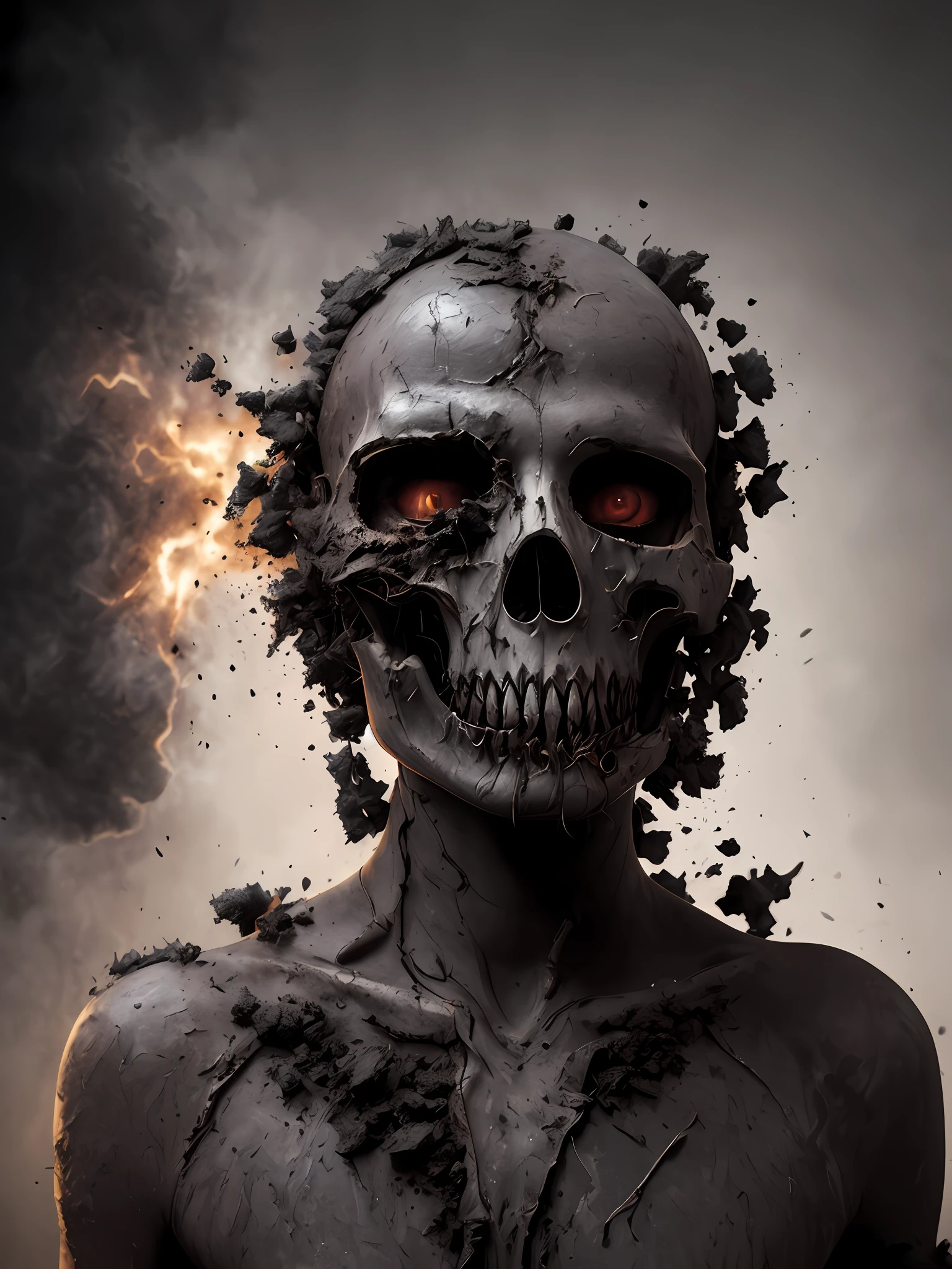 skin from chaos, dark atmosphere, dust explosion inside