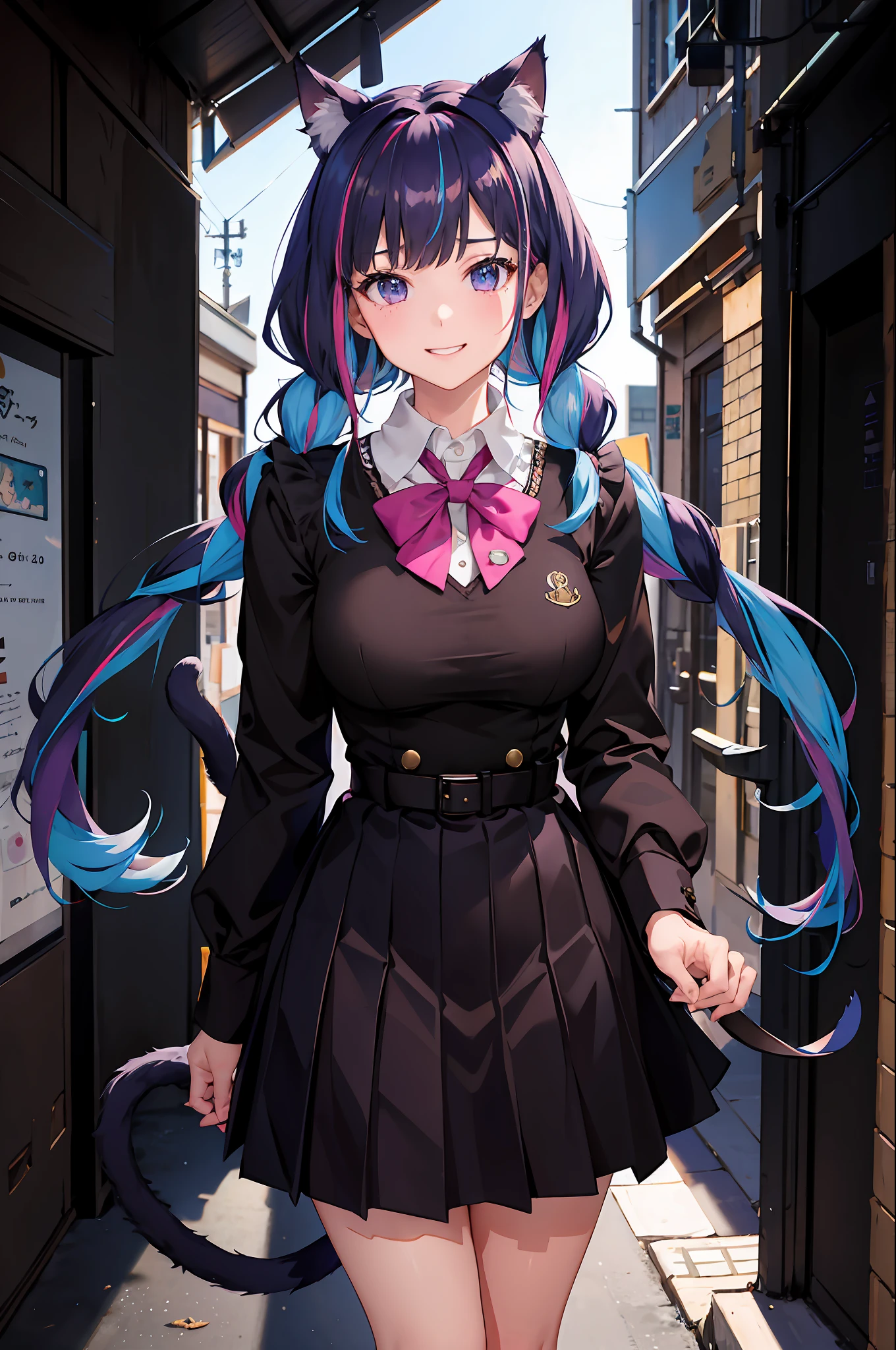 masterpiece, best quality, high resolution, side light, 1girl, minato aqua, virtual youtuber, tail, animal ears, cat ears, long hair, purple eyes, braids, ahoge, cat tail, skirt, multicolored hair, double braids, Blue hair, two-tone hair, headband, tailpiece, tailband, pink hair, anchor hairpiece, ribbon, sailor collar, school uniform, pleated skirt, bow, catwoman, double ponytail, big breasts, bangs , upper body, cafe, smile