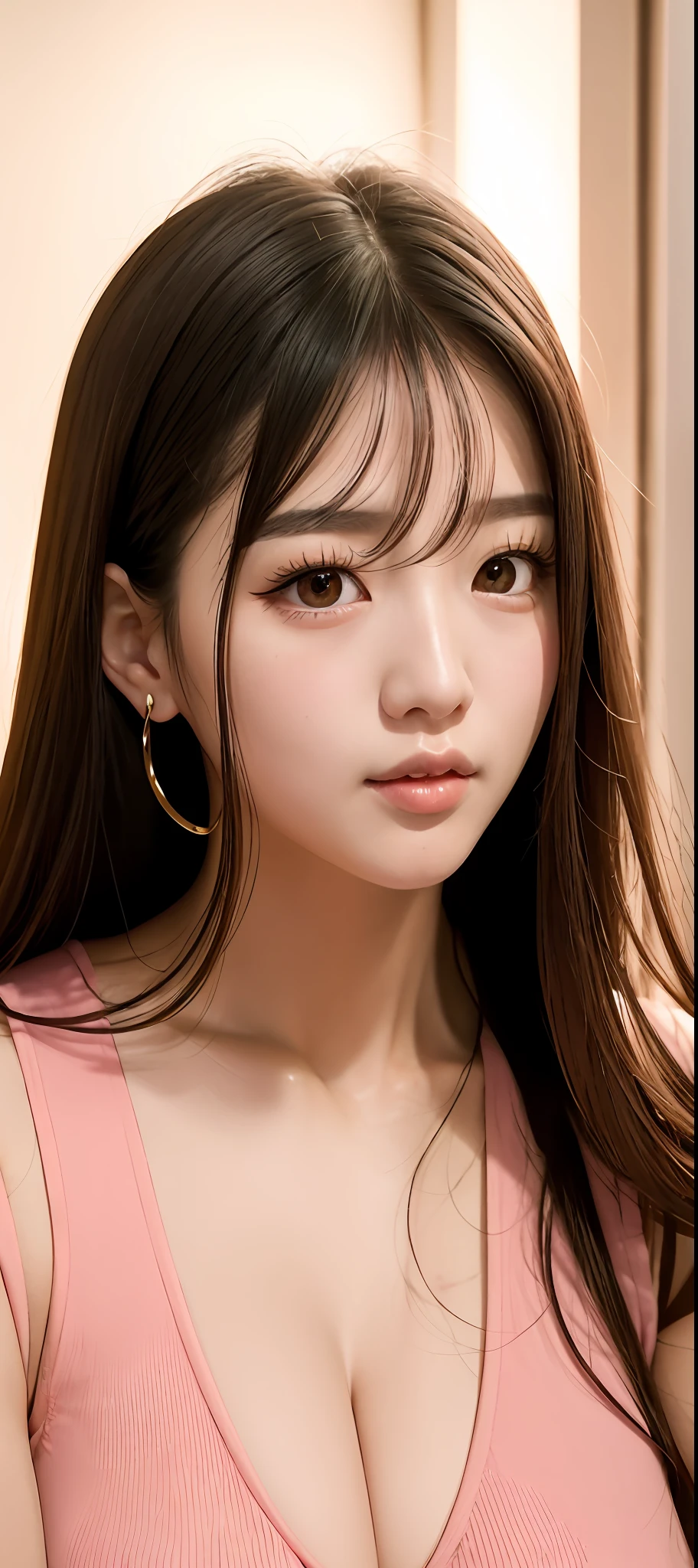 close up of long hair woman wearing pink top,wan lovely korean face,young lovely korean face,beautiful korean woman,gorgeous young korean woman,beautiful young korean woman,popular korean makeup, korean girl, young cute one asian face, popular korean makeup, naked, d cup