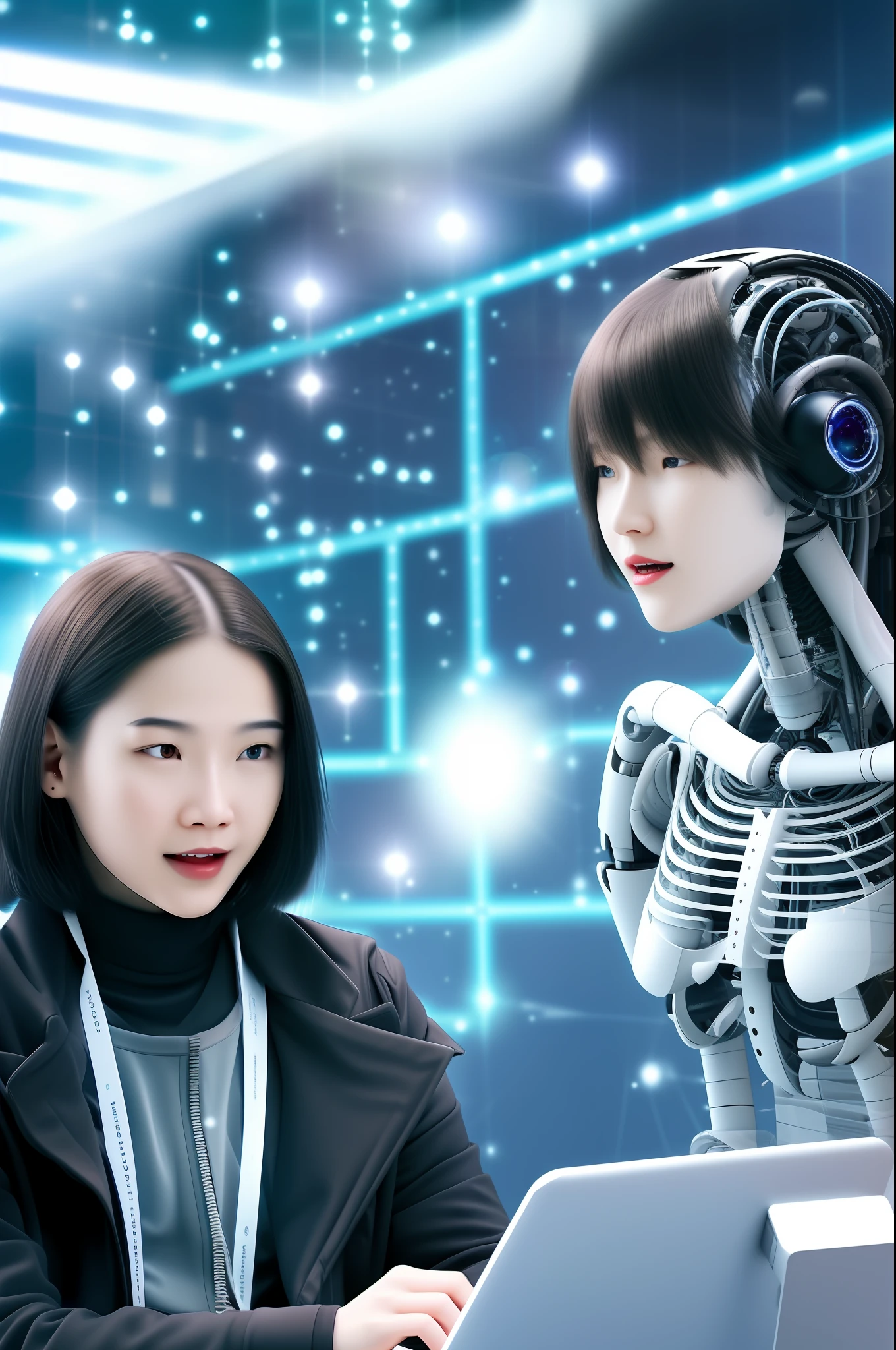 Scene of AI computer and person free talking