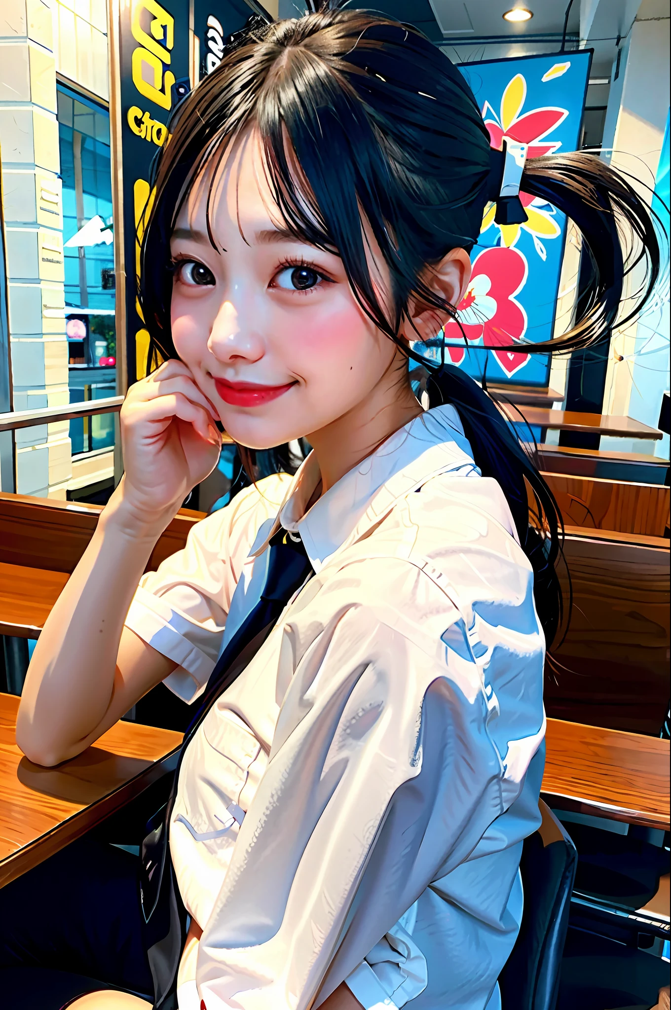 Girl, black hair, older sister, tie her hair in a ponytail and laugh at the speaker, high-quality picture, masterpiece, beautiful girl, cafe,