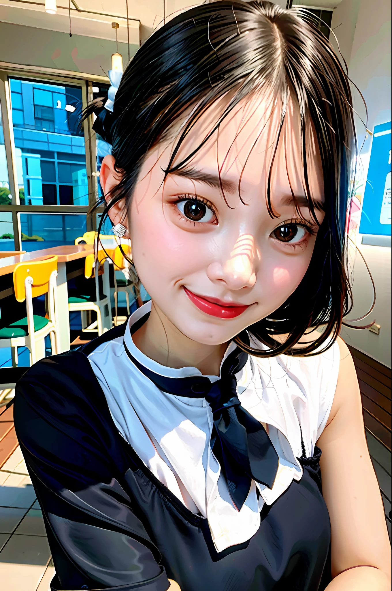 Girl, black hair, older sister, tie her hair in a ponytail and laugh at the speaker, high-quality picture, masterpiece, beautiful girl, cafe,