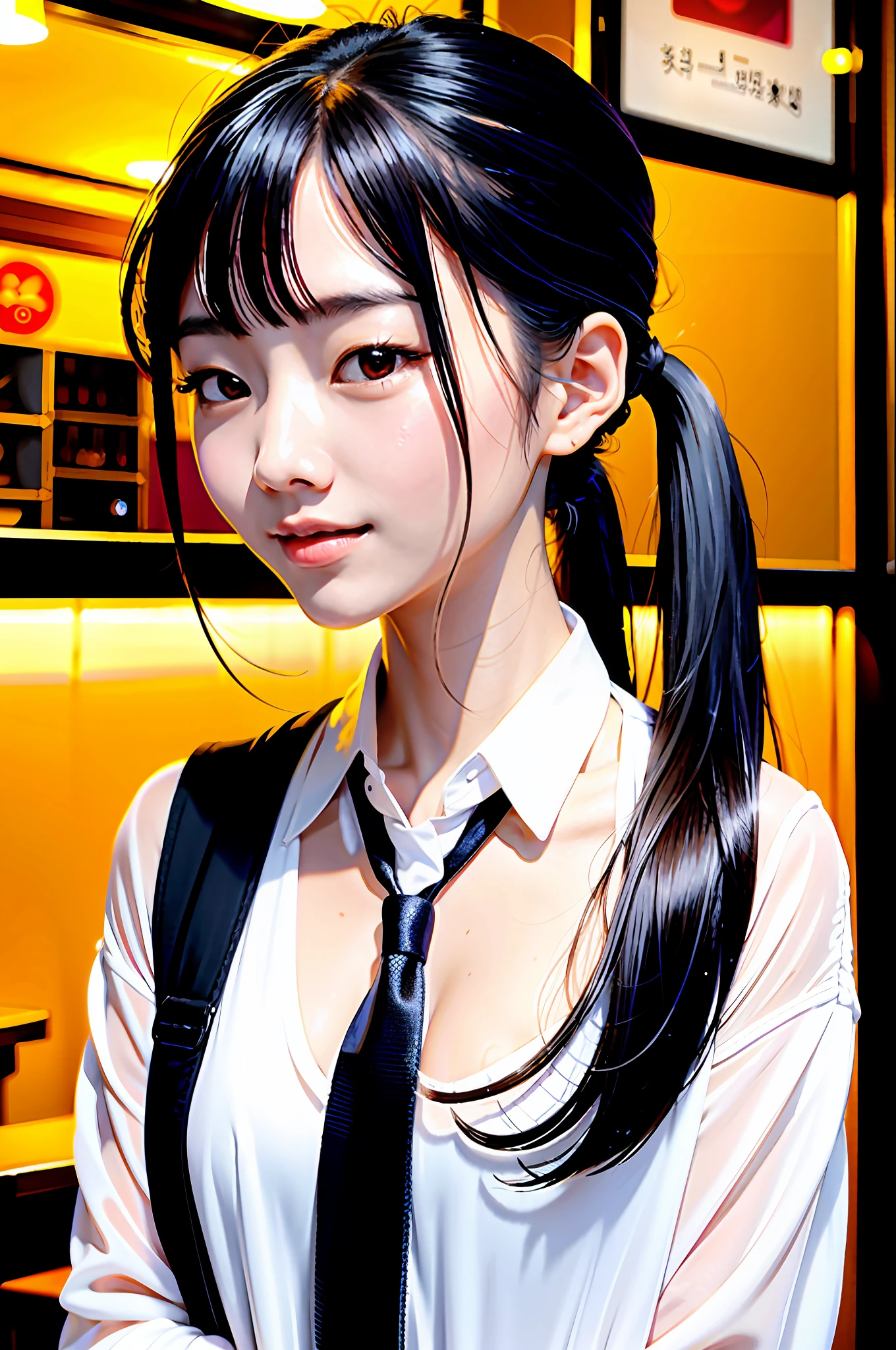 Korean girl, black hair, older sister, tie her hair in a ponytail and smile at the narrator, high-quality picture, masterpiece, beautiful girl, cafe,