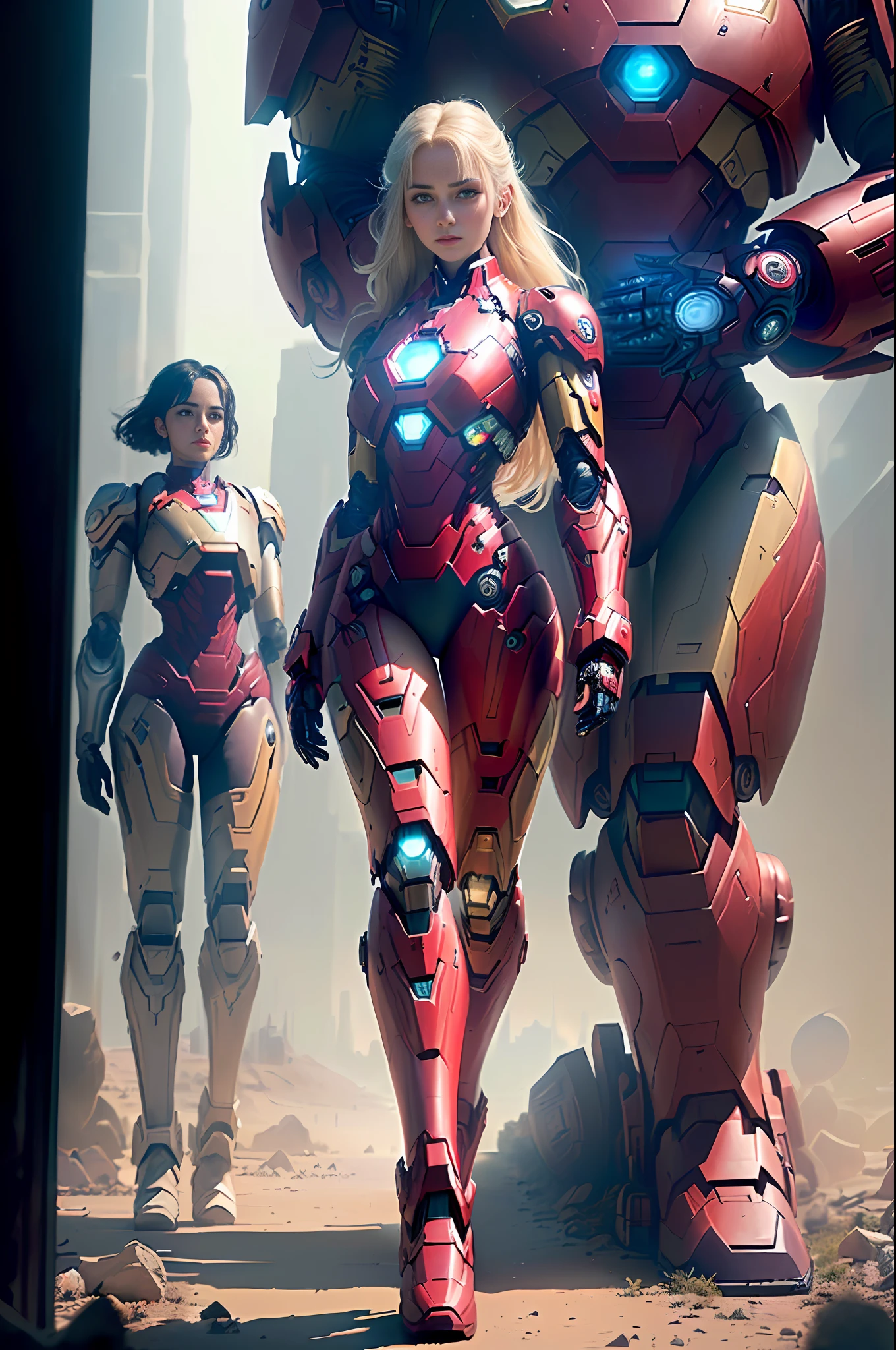 Realistic movie scene of a 20-year-old woman standing full body in a cyberpunk barren with stunning cloudscapes. (wearing an Iron Man mech) on her insanely complex anatomically adapted (graphene: 1.1) biomechanically symmetrical arms and biomechanically symmetric legs. Extremely detailed, elegant and ornate symmetrical fractal detail with Kyanite gemstone. Scene captured with bright soft natural light, dramatic shadows and beautiful vibrant colors. Romantic art style. 8k resolution image with cyberpunk style, intricate symmetrical details. The whole picture is indomitable and heroic. It is mainly a complete picture of a man standing with his whole body, smooth movements and confident expression.