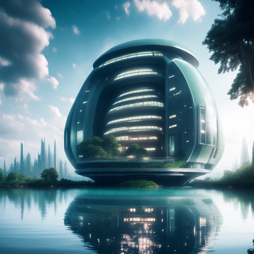 photo, a futuristic building in the middle of a body of water with a big windows, green trees on top (ModernFutures style:1) future ciry on the background