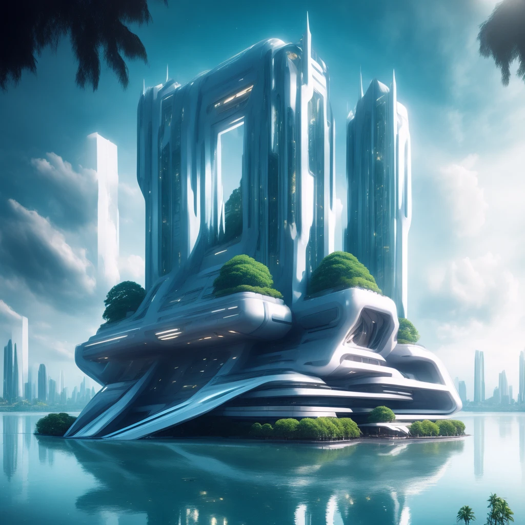 photo, a futuristic building in the middle of a body of water with a big windows, green trees on top (ModernFutures style:1) future city on the background