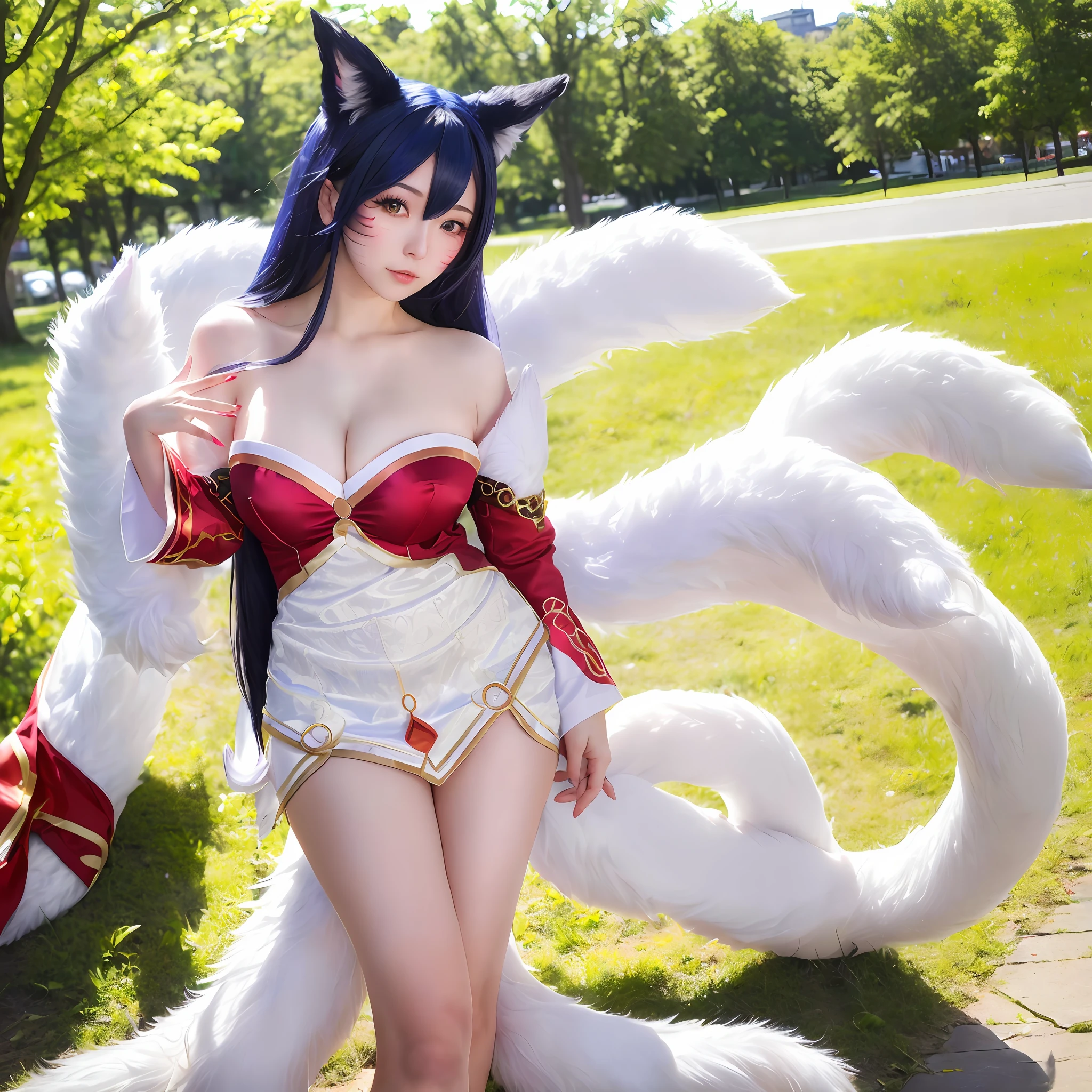 masterpiece, best quality,(8k, RAW photo, best quality, masterpiece:1.39), (realistic, photo-realistic:1.2), Ahri_Cosplay, (full-body angle), city background