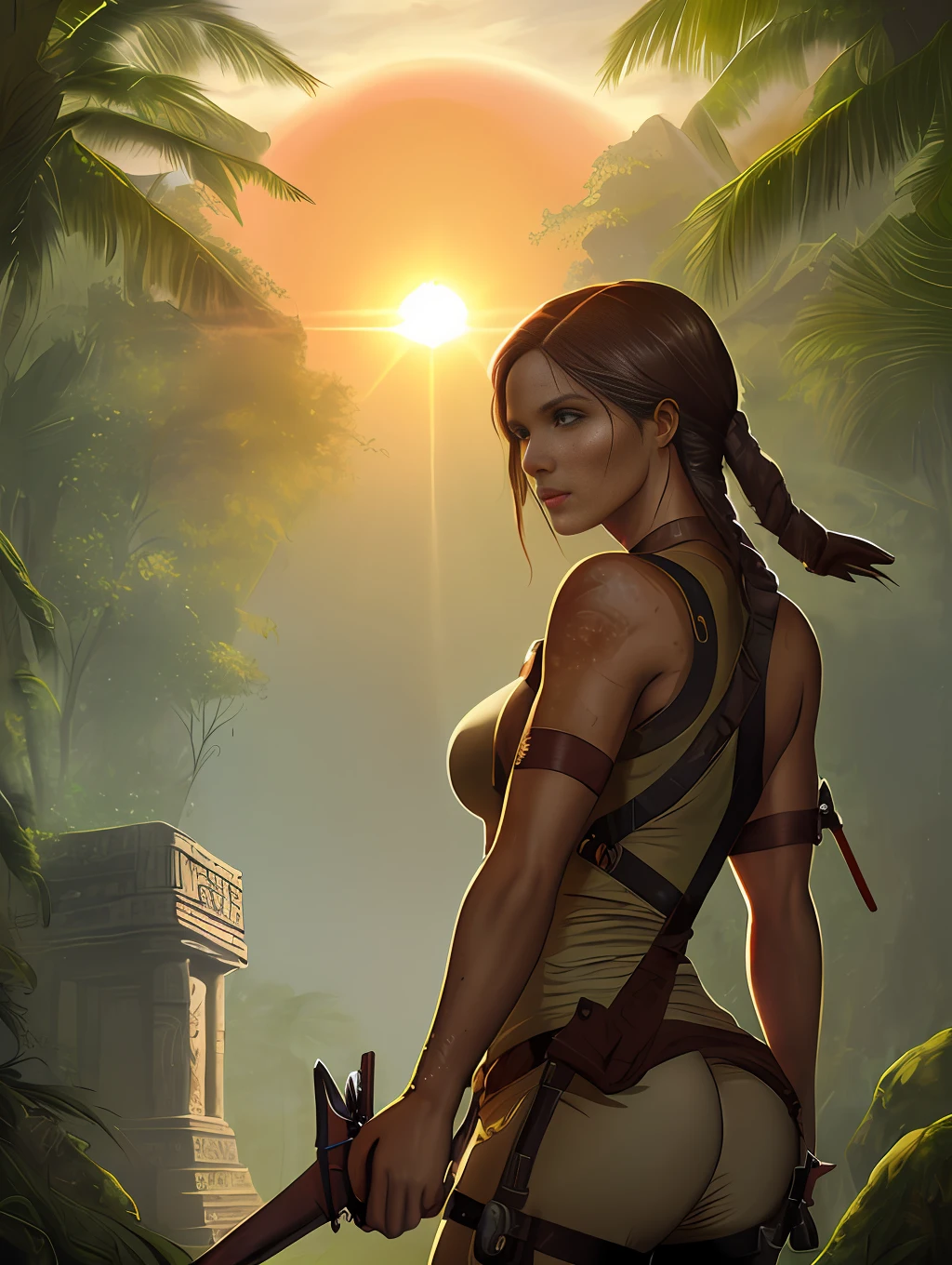 realistic photography, ((Lara Croft Tomb Raider)), her hair blown in the wind, her eyes are striking and well defined, her body is sculptural like a model, her skin is soft as silk, Mayan forest background, sunset tare sun, Adobe Illustration, Trending on Artstation, hd, by Charlie Bowater