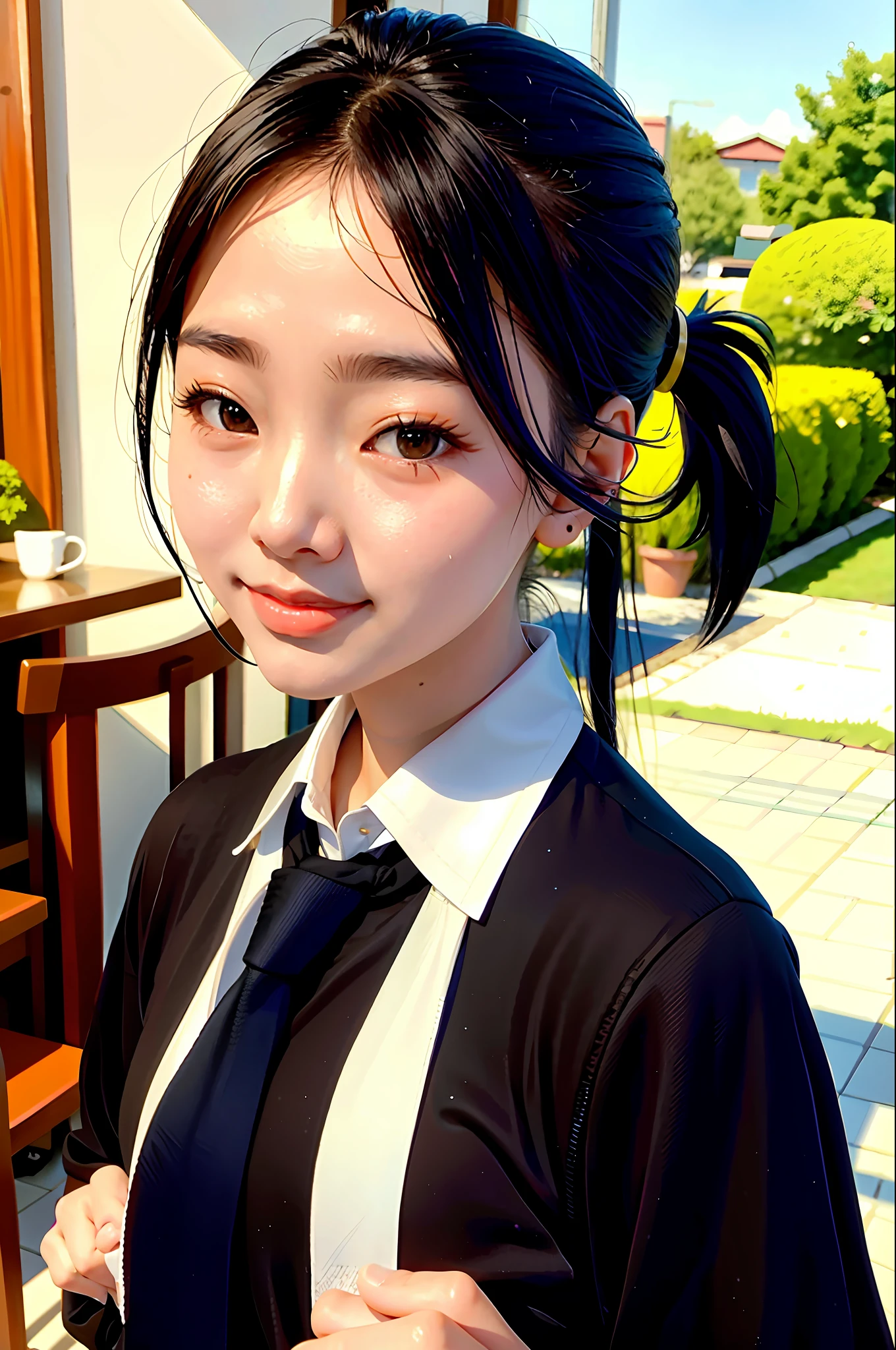 Korean girl, black hair, older sister, tie her hair in a ponytail and smile at the narrator, high-quality picture, masterpiece, beautiful girl, cafe,
