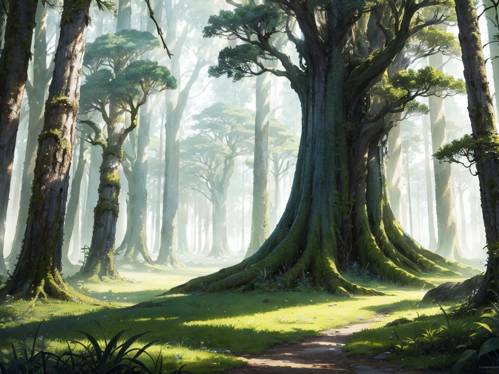 pastel-hued forest, gigantic trees, mixed form, fantasy, lush, no humans, magical ruins, medieval fantasy, (masterpiece: 1.2 ) (artwork: 1.2) (best quality) (detailed) ( complex) (8k) (HDR) (wallpaper) (cinematic lighting) (sharp focus)