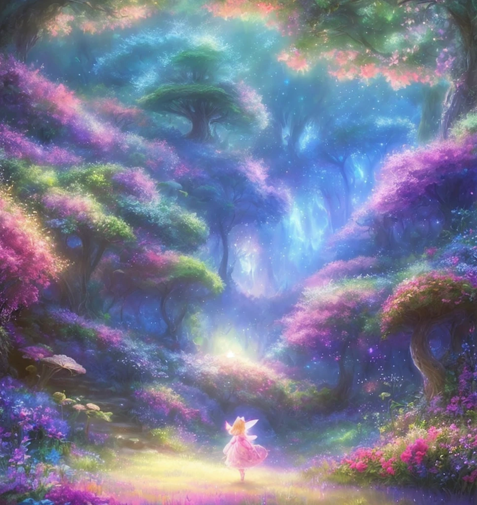 High quality, high definition, detailed drawing, light bloom, 1girl, cartoon cat in a fairy dress with a shining wand in a mushroom field, beautiful glowing blue eyes, perfect fingers, Beeple and Jeremiah Kettner, adorable Digital painting, get lost in a dreamy fairy landscape, cute detailed digital art, fantasy matte painting, cute, concept art magical highlights, magical world. Colorful and cute digital art, fairy atmosphere, dreamy digital painting, so magical and dreamy