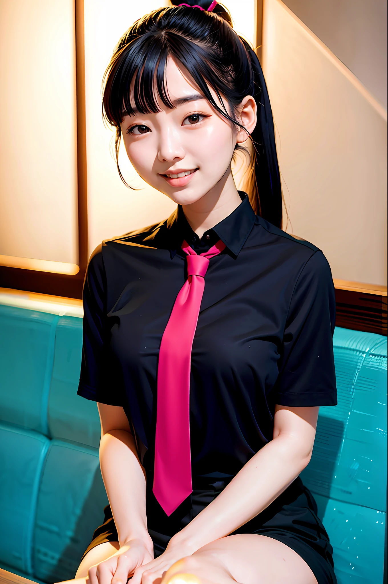 Korean girl, black hair, older sister, tie her hair in a ponytail and laugh at the narrator, high-quality picture, masterpiece, beautiful girl, cafe, seductive,