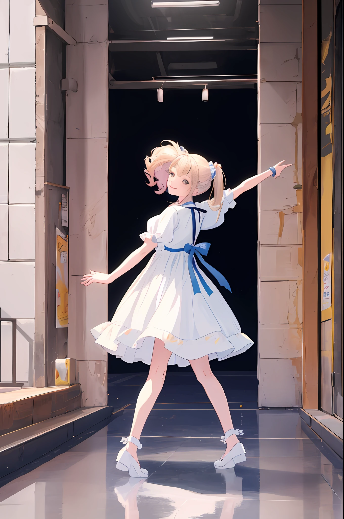 Photo quality, female idol looking back and looking diagonally upward, 20 years old, perfect and beautiful smile, beautiful and perfect fingers, both arms in the correct position, beautiful and correct legs, 7 color balloons spread on the floor, white dress,