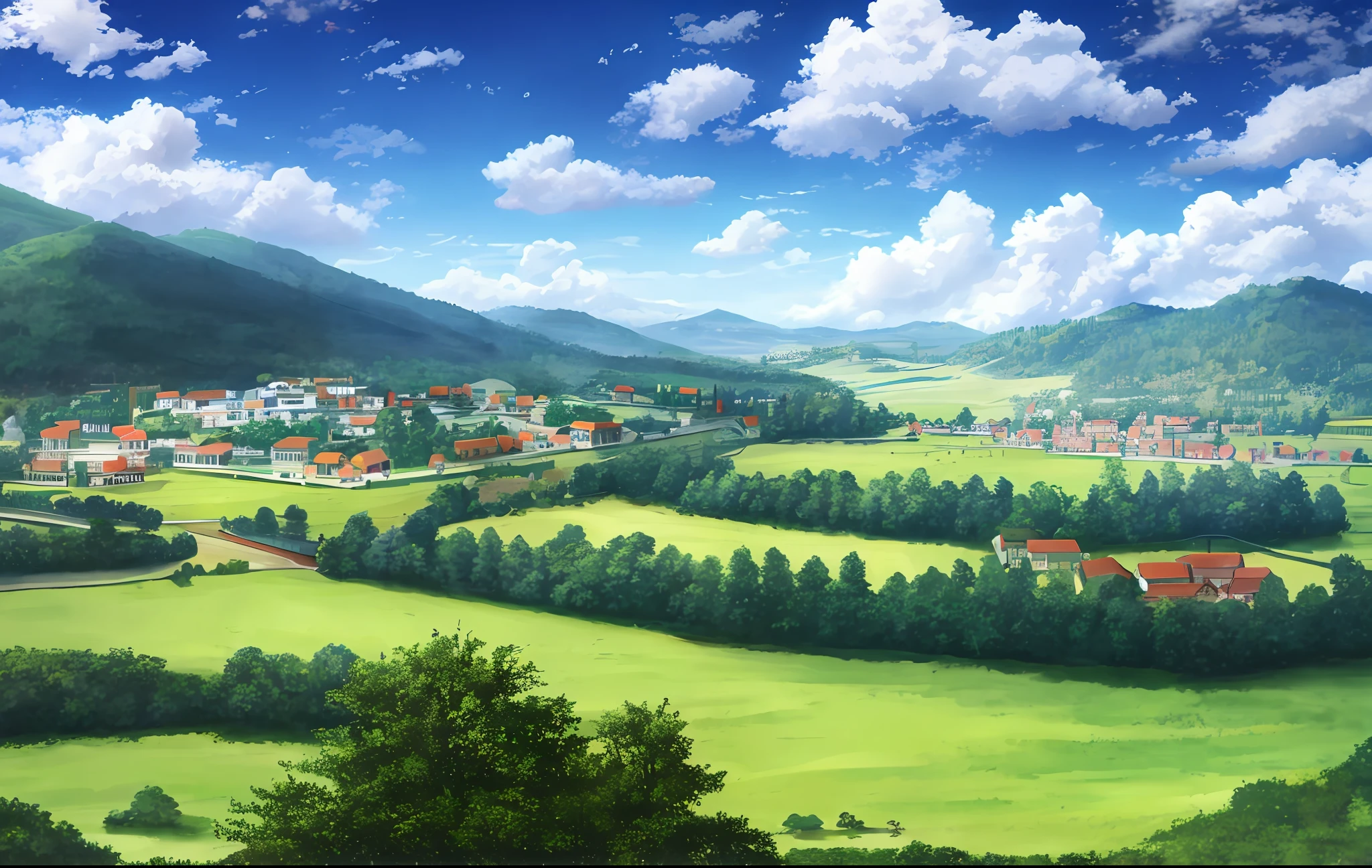 landscape, forest, village, well, sky, clouds