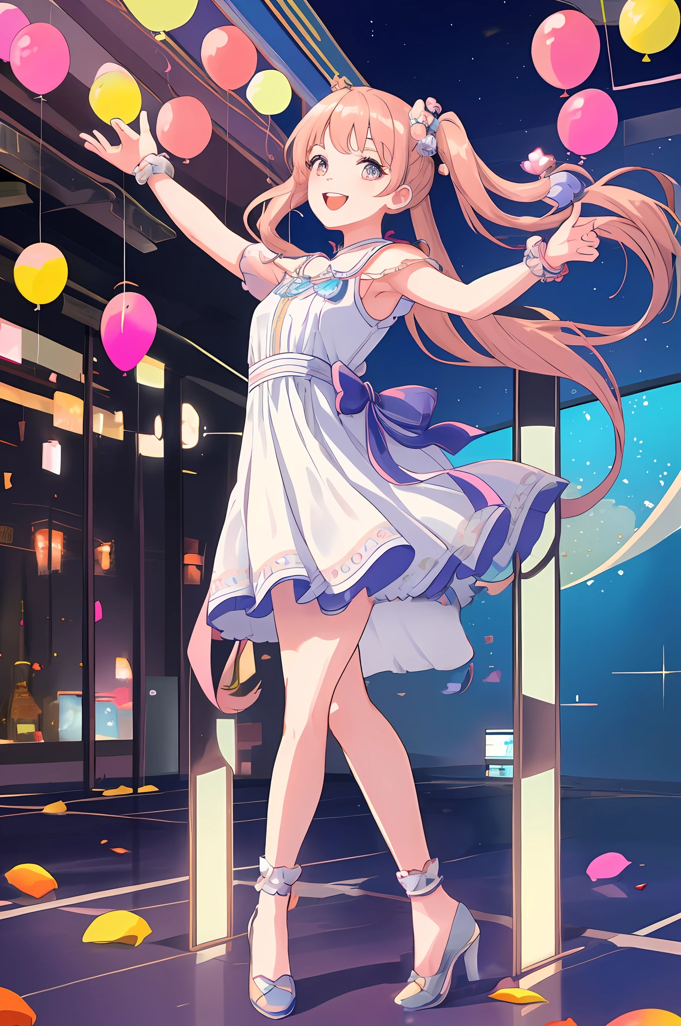Photo quality, female idol looking back and looking diagonally upward, 20 years old, perfect and beautiful smile, beautiful and perfect fingers, both arms in the correct position, beautiful and correct legs, 7 color balloons spread on the floor, white dress,