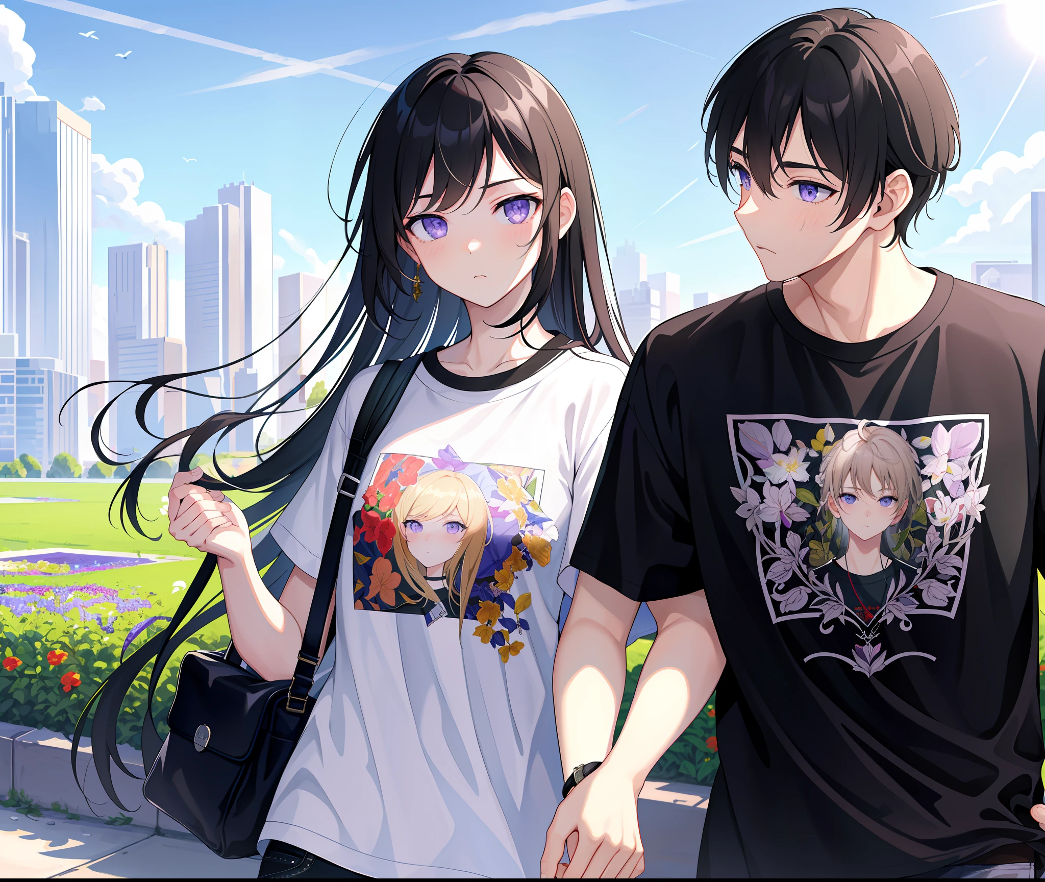 Masterpiece, best quality, {best quality}, {{masterpiece}}, {highres}, {{{field of field}}, extremely detailed couple, illustration, solo, sharp focus, male focus, female focus, Black hair, Violet&#39;s eyes, sun, sunlight, raising, surprised, envy, clear sky, T-shirts, male leisure clothes, expressionless, female fashion, holding men&#39;s arm, holding men&#39;s arms,