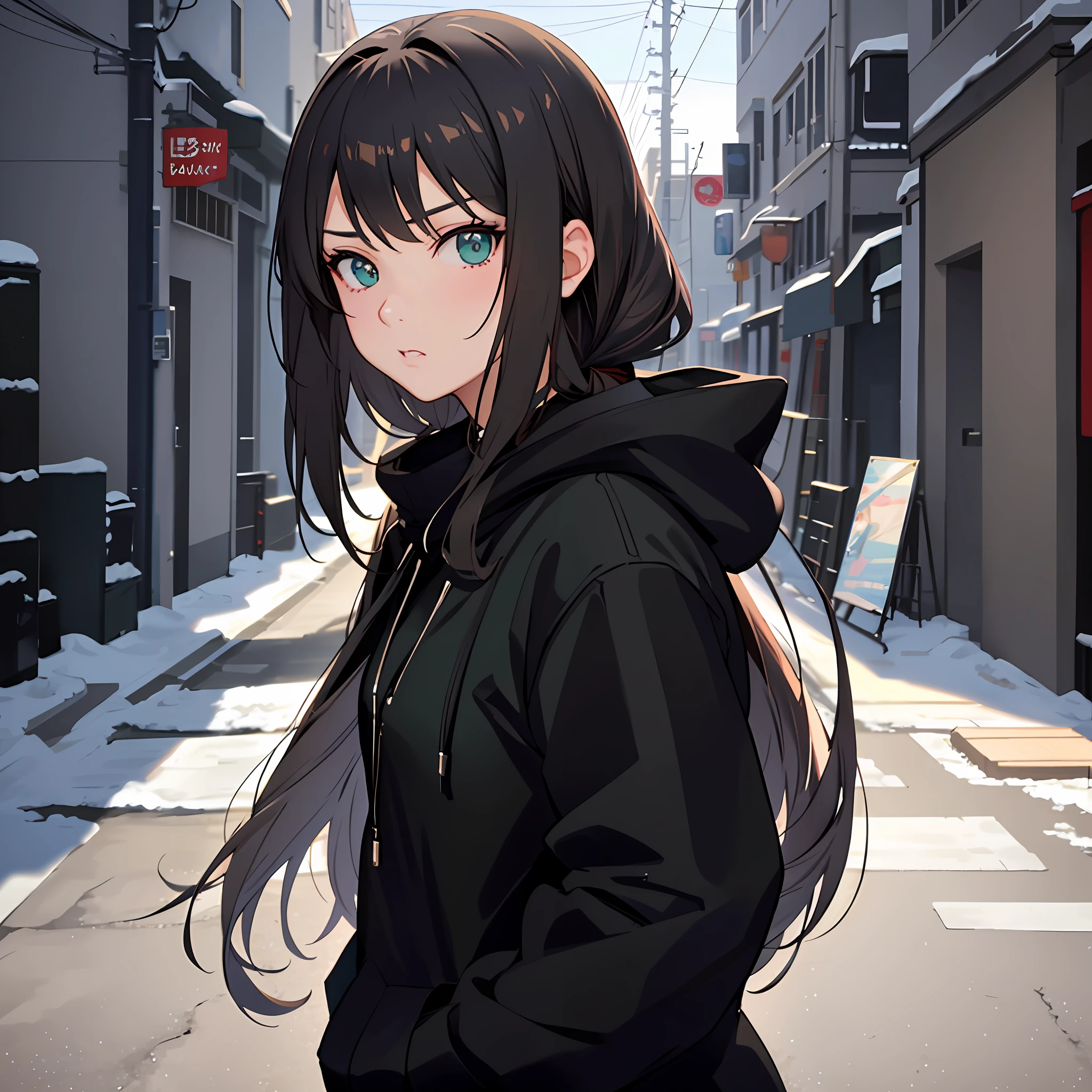 ((1 girl, solo, black hood, standing, upper body)), ((cold dark blond hair)), (cool girl, stern face, tsundere), bob hairstyle, bangs, (gray-green eyes), ( black jacket), (snow, small snowflakes), masterpiece, side lighting, (finely detailed beautiful eyes), masterpiece, portrait, realistic, shiny hair, realistic anime style, anime style realism, anime digital art, amazing anime face portrait , beautiful anime portrait, realistic anime style, very detailed