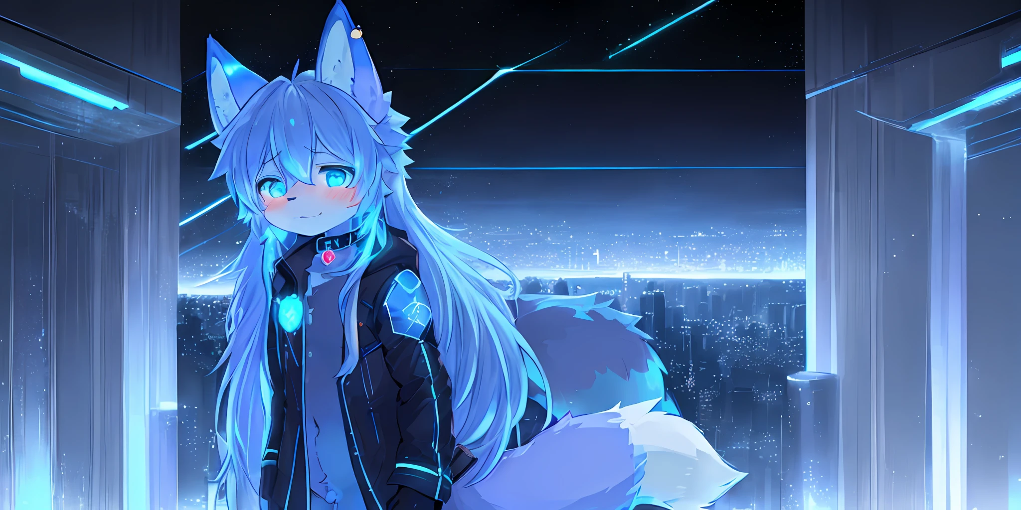 shota, long hair, space eye, glow eye, femboy, neon city, snowfall, midnight, fox ear, deep blue ear, fox tail, deep blue fox, deep blue jacket, cute, collar, Two tail, space katana, god , fur body, full body, the lower body is naked, snow fox, character, master piece, fluffy tail, current, shy, NFSW, Highest Quality, 4k, R-18, full HD