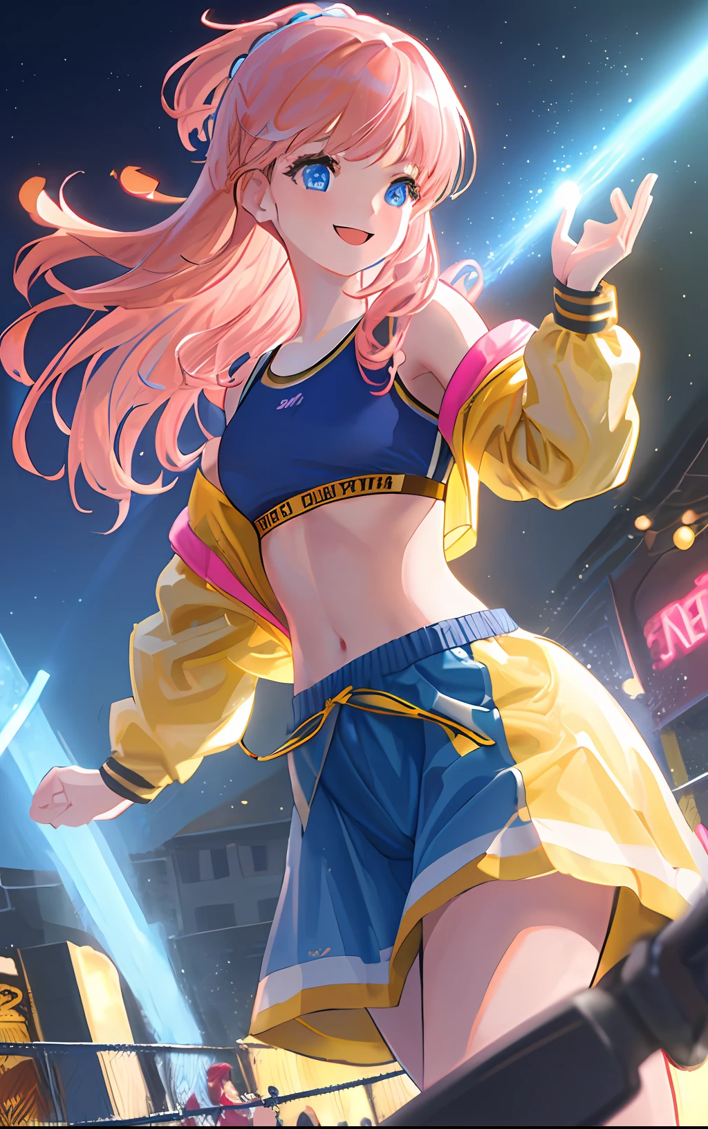 (8k, Best Quality, Masterpiece: 1.2), (Realistic, Realistic: 1.37), super detailed, smiling, a girl playing alone, beautiful flowing hair under movie lights, small breasts, simple background, dynamic pose, yellow jacket, sports bra, pink hair, blue eyes, shopping street