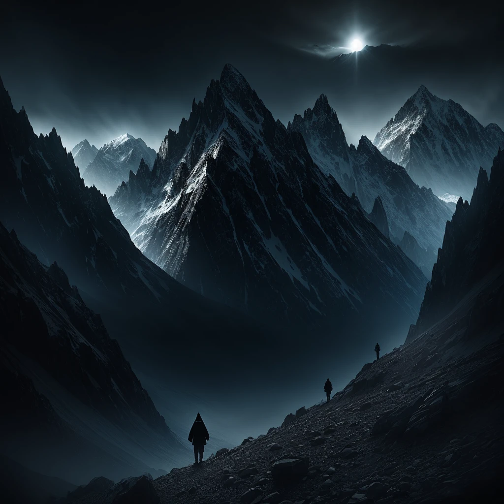 dark hooded figure with glowing eyes standing in a mountainlandscape