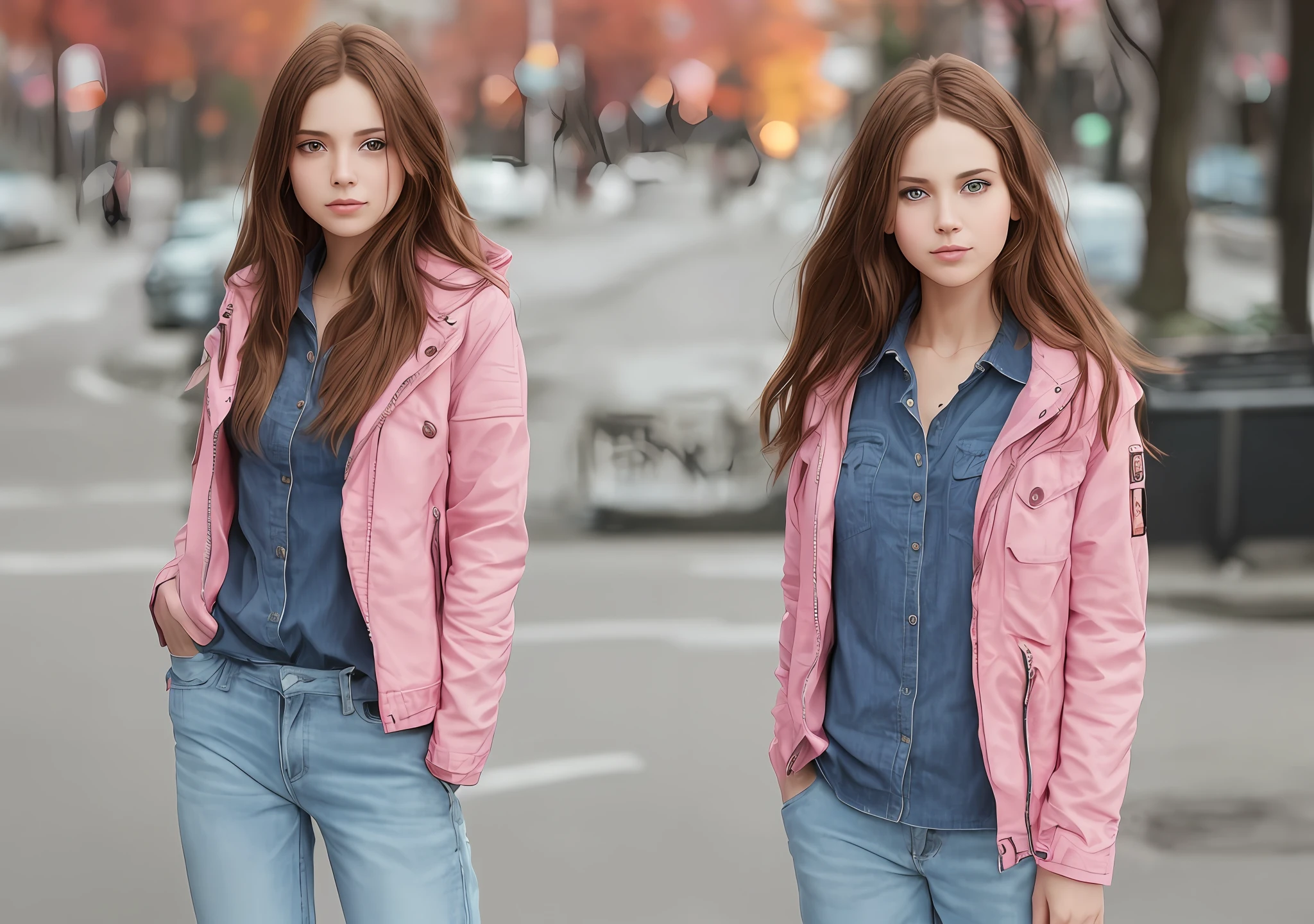 Realistic girl standing in a city, pink jacket, brown hair and blue eyes