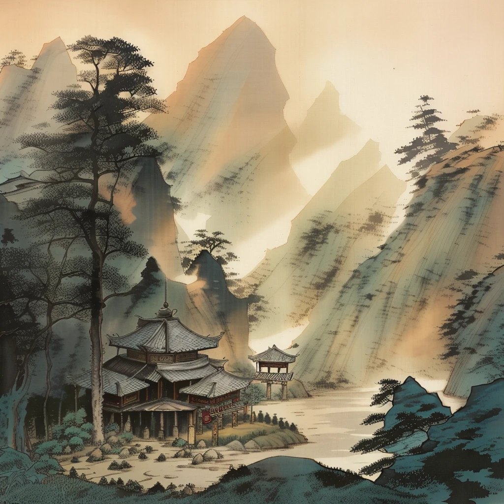 there is a painting of a mountain scene with a pagoda, chinese landscape, chinese village, japanese village, old asian village, inspired by Ma Yuan, beautiful render of tang dynasty, inspired by Yoshida Hanbei, scenery artwork, ross tran. scenic background, japanese landscape, inspired by Hiroshi Yoshida, oriental fantasy, anime landscape, chinese watercolor style