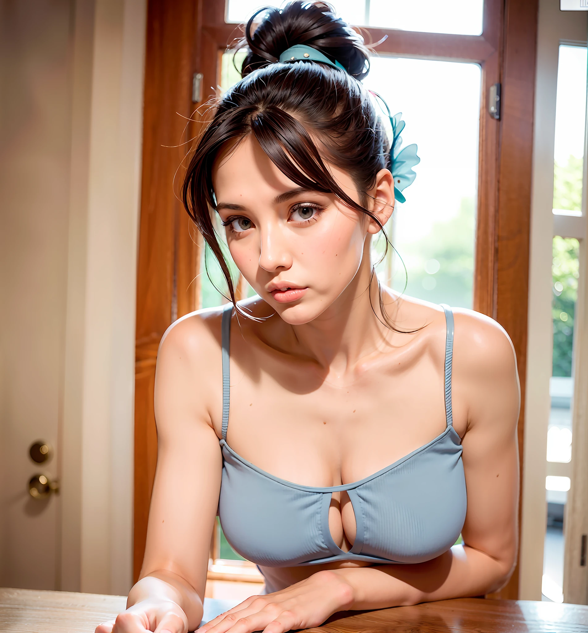 Highest quality, ultra-high resolution, delicate skin, ultra-detailed, gentle and beautiful woman, half-length photo, exquisite and sexy collarbone, charming oval face, double eyelids, smart peach eyes, pink lips, small nose, nude fragrance Shoulders, focus on the face, close-up of the face, ultra-high-definition, super details, elegant standing posture, gray-blue high-value cross-beautiful camisole