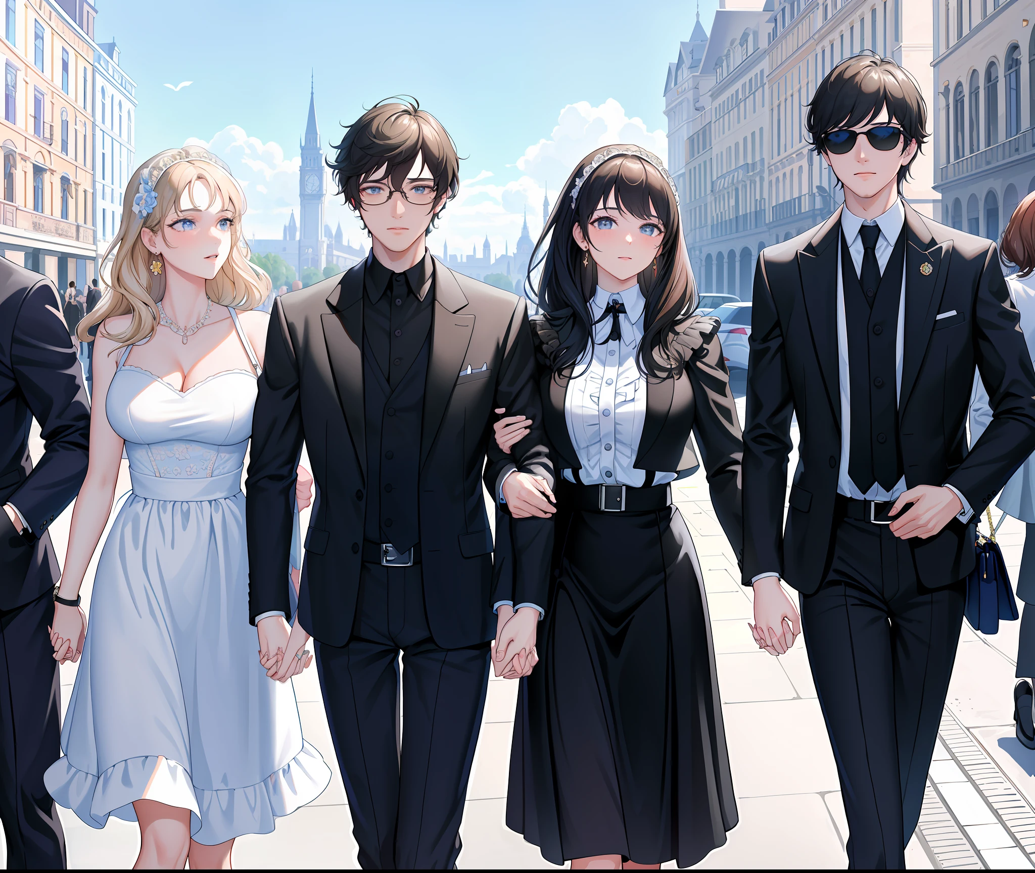 Masterpiece, best quality, {best quality}, {{masterpiece}}, {high resolution}, {{fields}}, very detailed people, illustration, solo, sharp focus, two couples,, A man and a woman holding hands, and a pair of girls holding a man&#39;s watch, black hair and dark eyes, clear sky, woman sexy