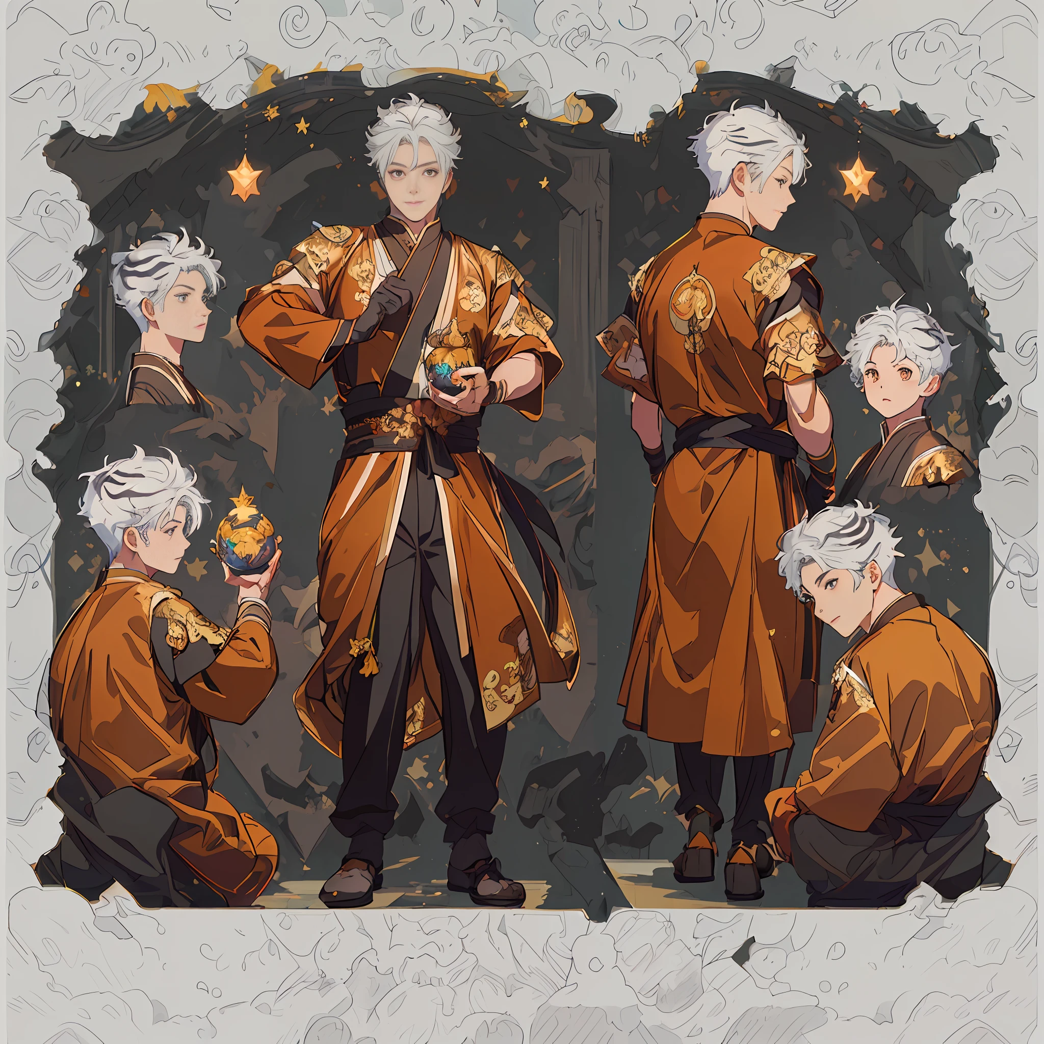 ((masterpiece)),(((best quality))),(character design sheet, same character, front, side, back), illustration, 1 man, hair color, tiger, monk, eyes, environment change scene, Hairstyle, Male, Star, (simple background: 1.3), --6