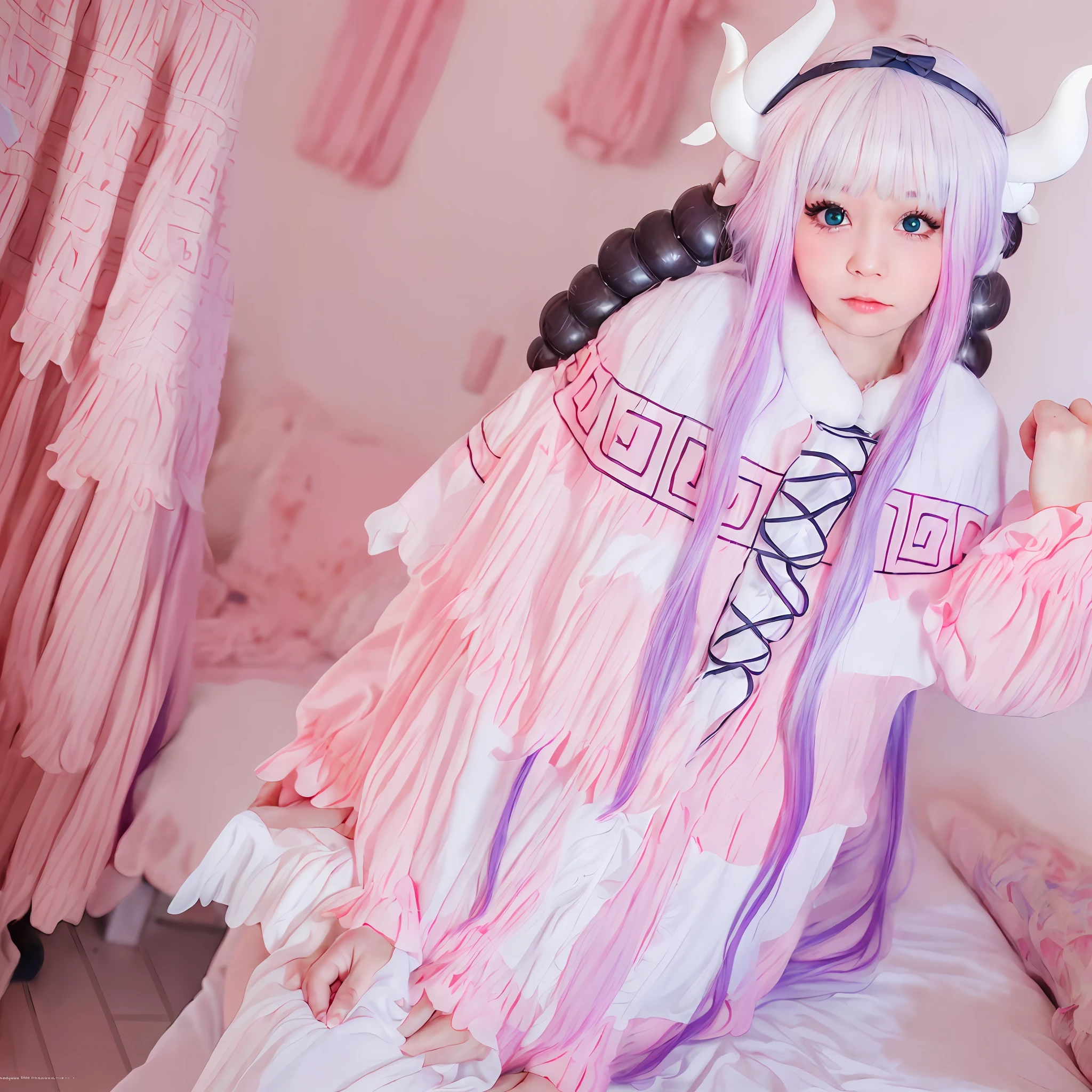 masterpiece, best quality,(8k, RAW photo, best quality, masterpiece:1.39), (realistic, photo-realistic:1.2), Kanna_Kamui, pink and white dress, white hair, gradient hair, bedroom background, detailed brown eyes