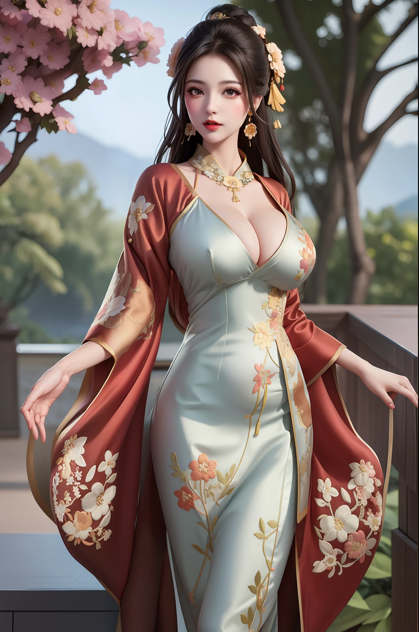 1girl, (large breasts:1.4), cleavage, (silky traditional oriental dress with (floral embroidery:1.2)), tight fitting dress, lips, necklace, earrings, long_hair, looking_at_viewer, mountain, pantyhose, realistic, solo, tree