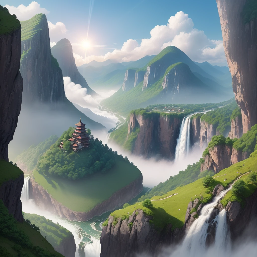A picturesque landscape painting showcasing a mountainous region with a waterfall cascading into a river. The sun shines brilliantly in the sky, casting warm rays of light over the landscape and creating a haze of purple smoke rising from an incense burner in the foreground. In the distance, the viewer can see the majestic waterfall and the misty spray it creates as it crashes into the river below. The atmosphere is peaceful and serene, evocative of the famous poem "Viewing the Waterfall at Mount Lu" (日照香炉生紫烟,遥看瀑布挂前川). Created using traditional Chinese ink painting techniques or watercolor, with an emphasis on capturing the beauty and tranquility of nature. --ar 16:9 --v 4
