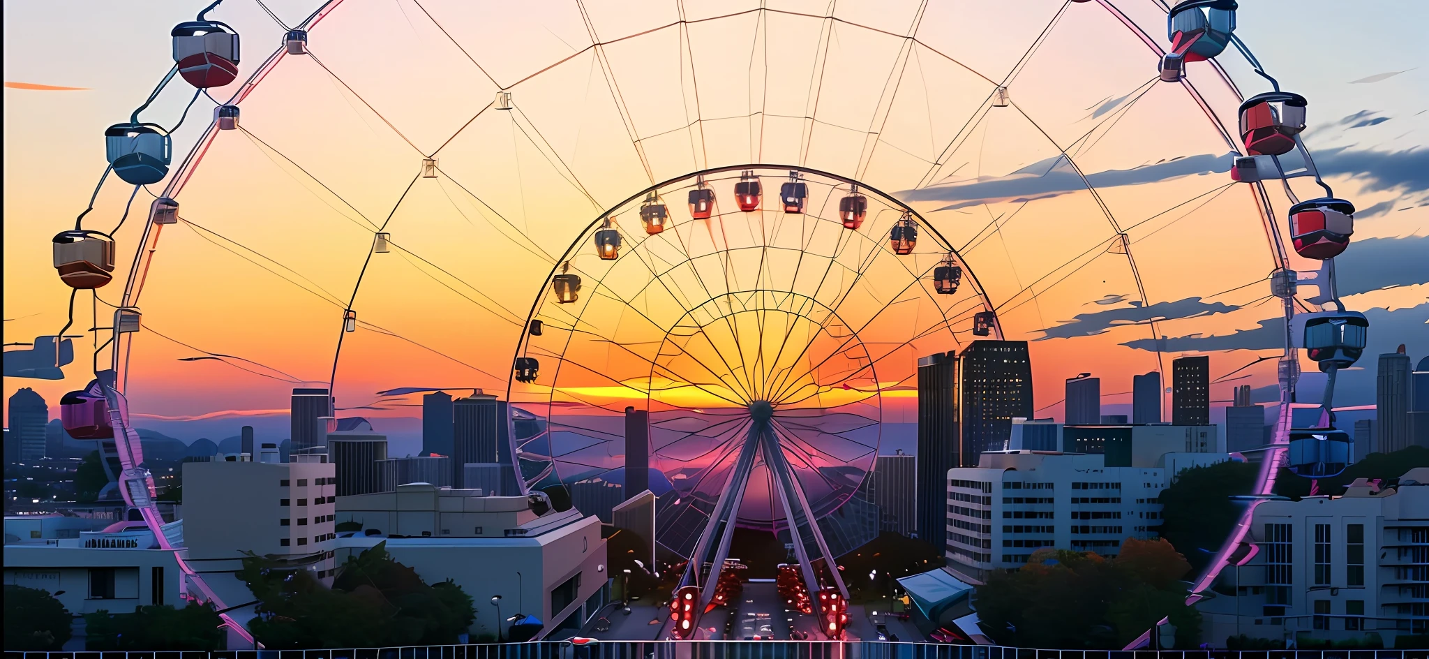 (Ferris wheel, sunrise, sunset), (city panorama | super wide-angle, arafed view, fill view), (iphone 13 pro max: iPhone 13 pro 8k time-lapse shooting function: 1.4:0.8), (movie shooting: 1.2) ,(8k:1.3),(ultra wide-angle lens:1.3)