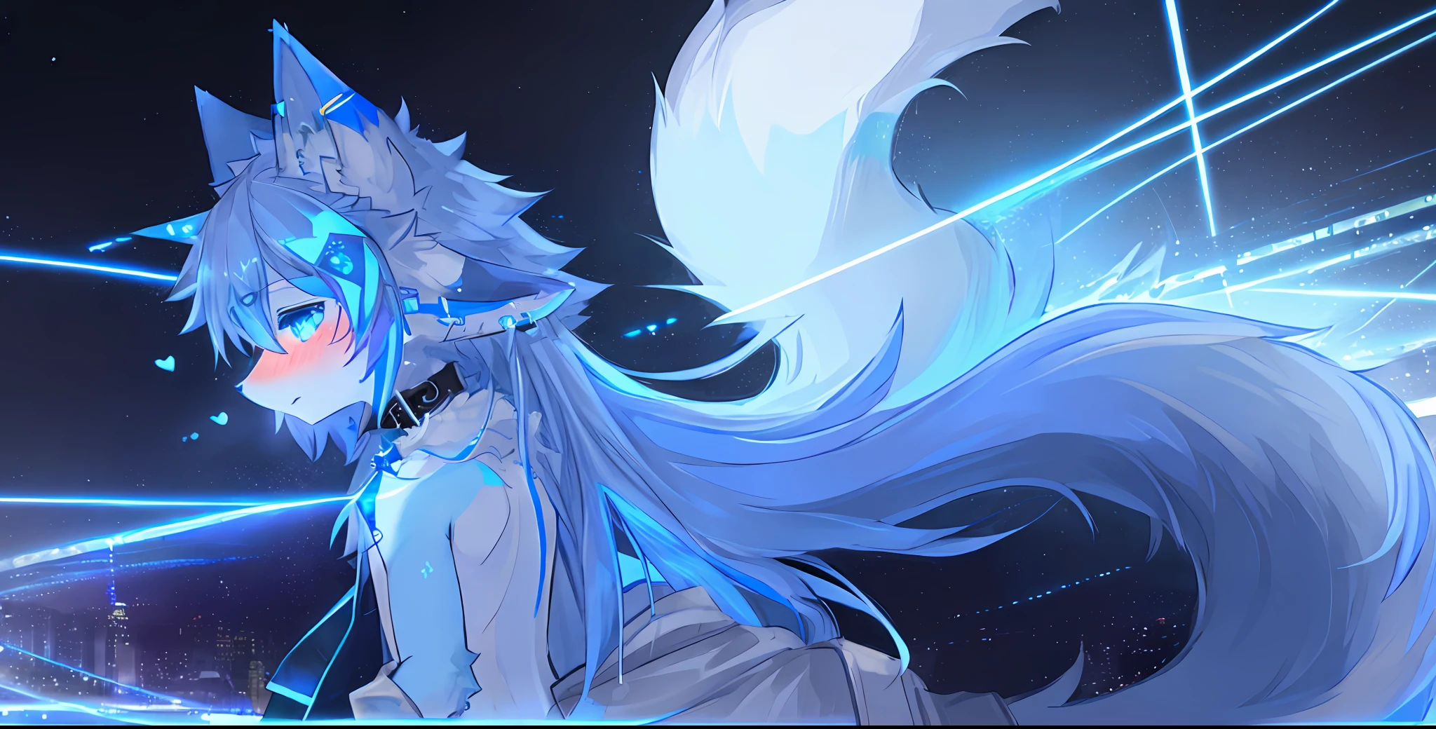 shota, long hair, space eye, glow eye, femboy, neon city, snowfall, midnight, fox ear, deep blue ear, fox tail, deep blue fox, deep blue jacket, cute, collar, Two tail, space katana, god , fur body, full body, the lower body is naked, snow fox, character, master piece, fluffy tail, current, shy, NFSW, Highest Quality, 4k, R-18, full HD, heart eye