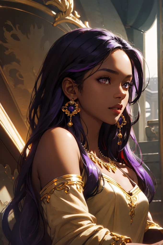 2d, cheDark Fantasy,(masterpiece, best quality, ultra-detailed, highres, best illustration),perfect face, ((solo, solo focus)),sidelighting, lustrous skin,(bloom), (shine), ray tracing,1girl, solo, dark skin, jewelry, necklace, dark-skinned female, multicolored hair, lips, purple hair, upper body, brown eyes, breasts, bare shoulders, hair ornament, makeup, long hair, black hair, very dark skin, dreadlocks,depth_of_field, city background,very detailed background,extreme light and shadow,(detailed eyes), (beautiful) beautiful detailed eyes, perfect lighting , perfect anatomy,(extremely detailed illustrated 8k wallpaper),(masterpiece), (best quality), (ultra-detailed), (best illustration),(best shadow), vivid colors, portrait, shoulder, half body