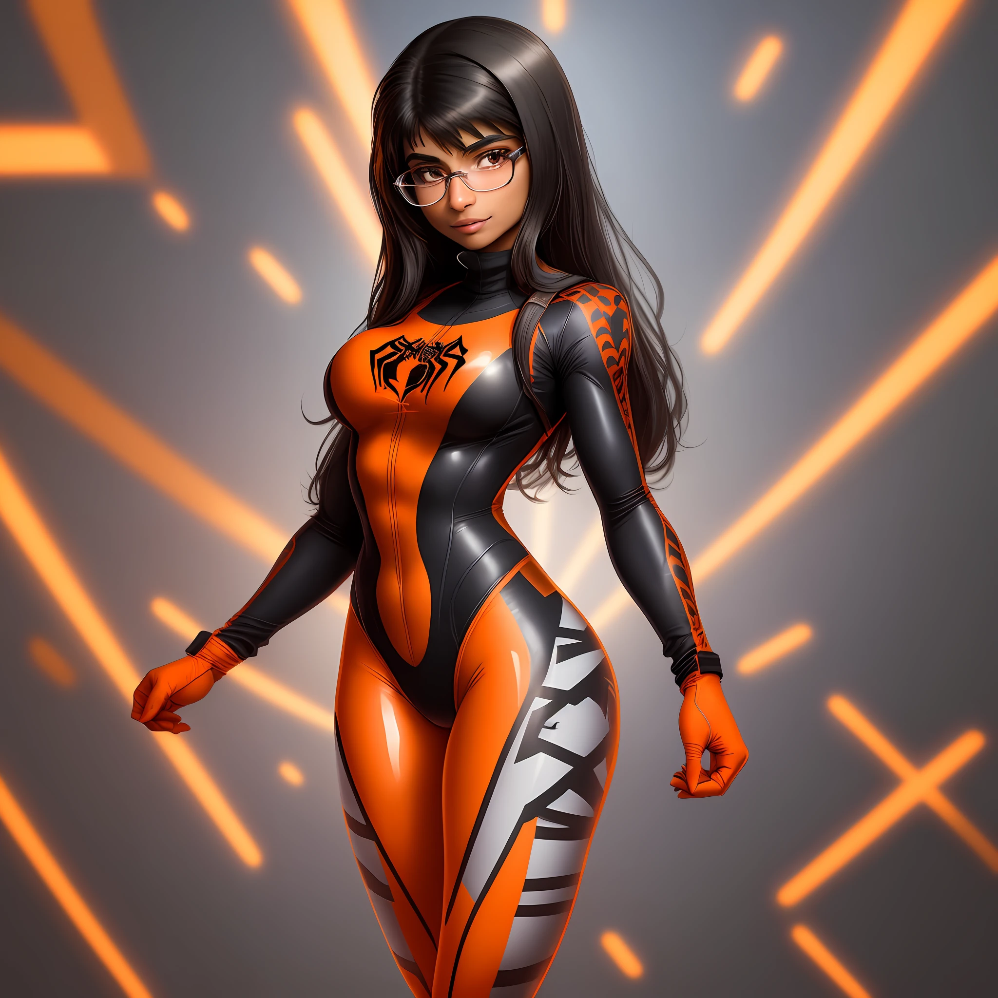 Mia Khalifa, 1girl, solo, tight spiderman suit covering breasts and croch, suit us black with orange stripes, clothes partially translucent transparent, nude, beautyful body, nice figure
