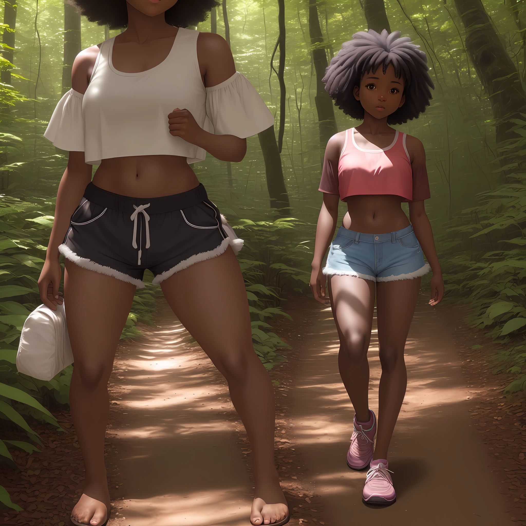 A short dark skin barefoot girl with brown eyes hiking through the woods by herself. Short, puffy hair, wearing a crop top and shorts. Big feet, long toes. 1girl, midriff.